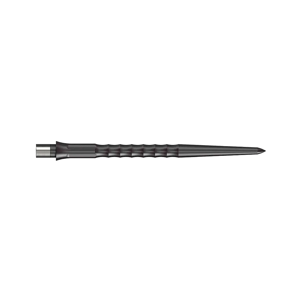 Das Bild zeigt eine schwarze Steeldartspitze mit Ripple NoLip Design, 36 mm lang. Die Spitze gehört zum Caliburn Evo System.