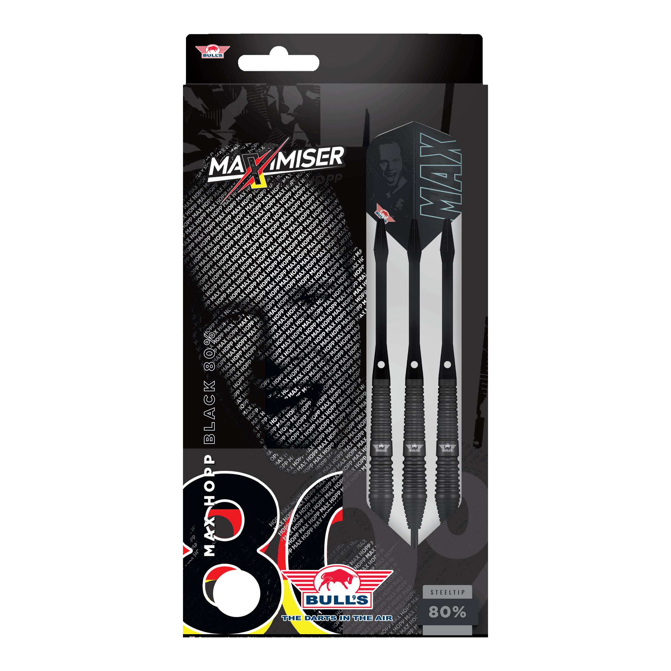 Darty Bulls NL Max Hopp Black Steel Auf dem Bild sind Bulls NL Max Hopp Black Steeldarts zu erkennen. Die Darts werden einzeln und detailliert gezeigt.