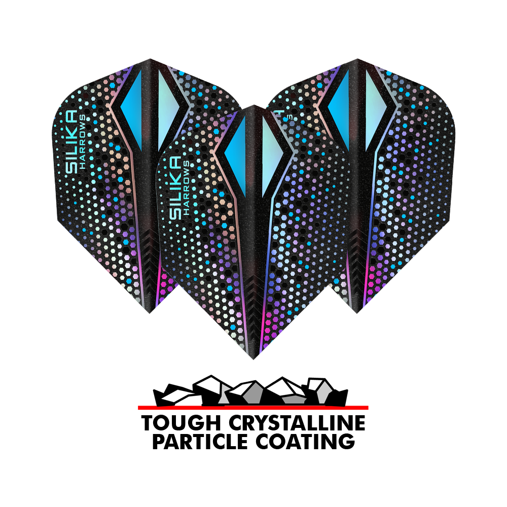 Harrows Silika Colorshift Twarda powłoka krystaliczna Silver-X No6 Loty Das Bild zeigt drei Harrows Silika Colourshift Tough Crystalline Coating Silver-X No6 Flights. Unten im Bild steht "TOUGH CRYSTALLINE PARTICLE COATING" mit einer Grafik von Kristallen.