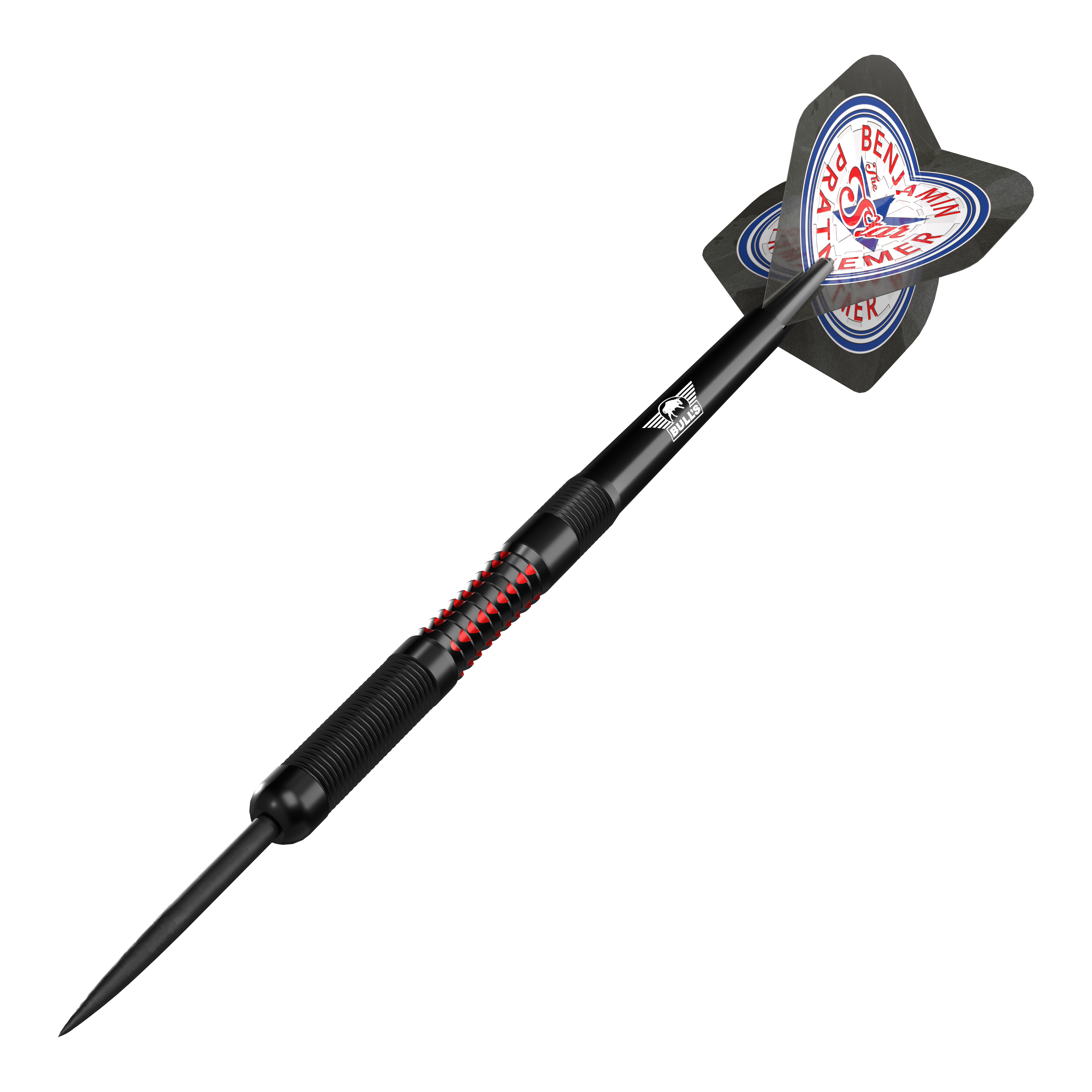 Stalowe lotki Bulls NL Benjamin Pratnemer - 20g Das Bild zeigt einen Steeldart der Marke "Bulls NL Benjamin Pratnemer" mit einem Gewicht von 20 Gramm. Der Dart ist schwarz mit roten Akzenten und hat einen Flight mit dem Namen "Benjamin Pratnemer" darauf.