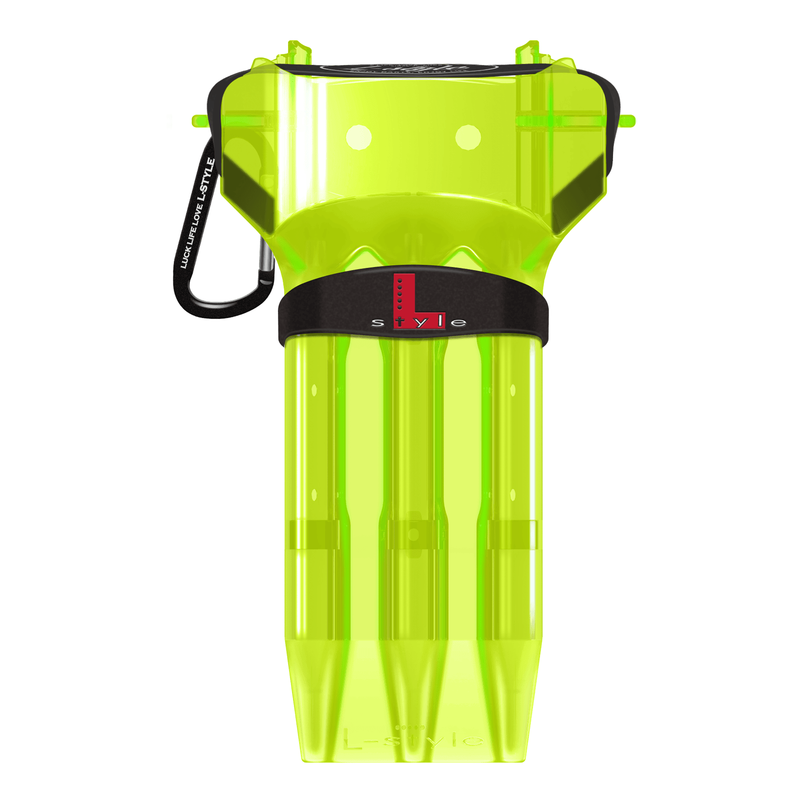 Etui na lotki Krystal One w jednolitym kolorze w stylu L Das Bild zeigt ein neon-gelbes Dartcase von L-Style. Das Case hat einen schwarzen Verschluss und ist durchsichtig gestaltet.