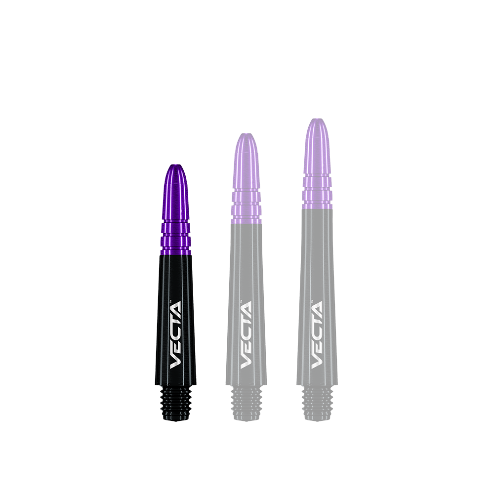 Winmau Vecta Shafts - Schwarz Lila Das Bild zeigt drei Dartschäfte in Schwarz und Lila mit der Aufschrift "Vecta". Sie stehen nebeneinander und haben unterschiedliche Längen.