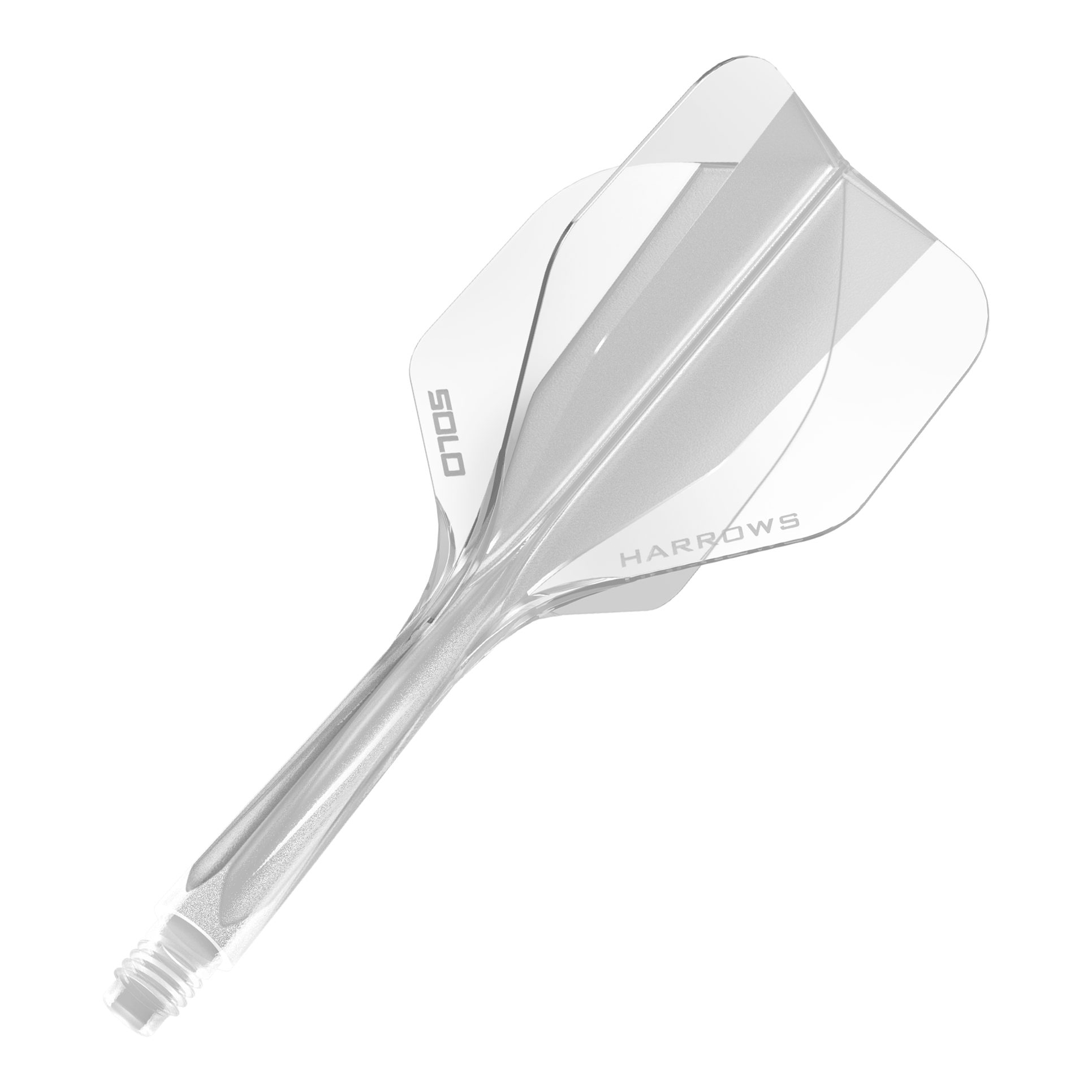 Dieses Bild zeigt das Harrows Solo No6 Flight-Shaft-System in Clear. Es wird als Ersatzteil für Dartpfeile genutzt.