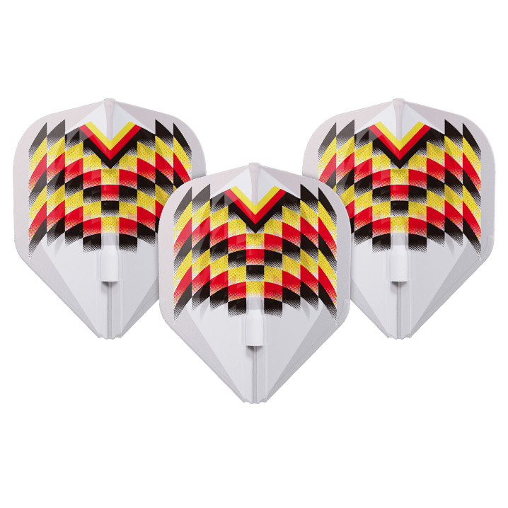 L-Style Gabriel Clemens V2 Clear White Signature Champagne L1EZ Flights Das Bild zeigt drei weiße Dartflights mit einem auffälligen Muster in Schwarz, Rot und Gelb. Das Design erinnert an die Farben der deutschen Flagge und ist symmetrisch angeordnet.