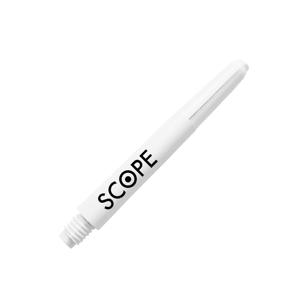Das Bild zeigt einen weißen McDart Scope Nylon Shaft. Auf dem Shaft steht das Wort "SCOPE" mit einem Zielscheiben-Symbol im Buchstaben "O".