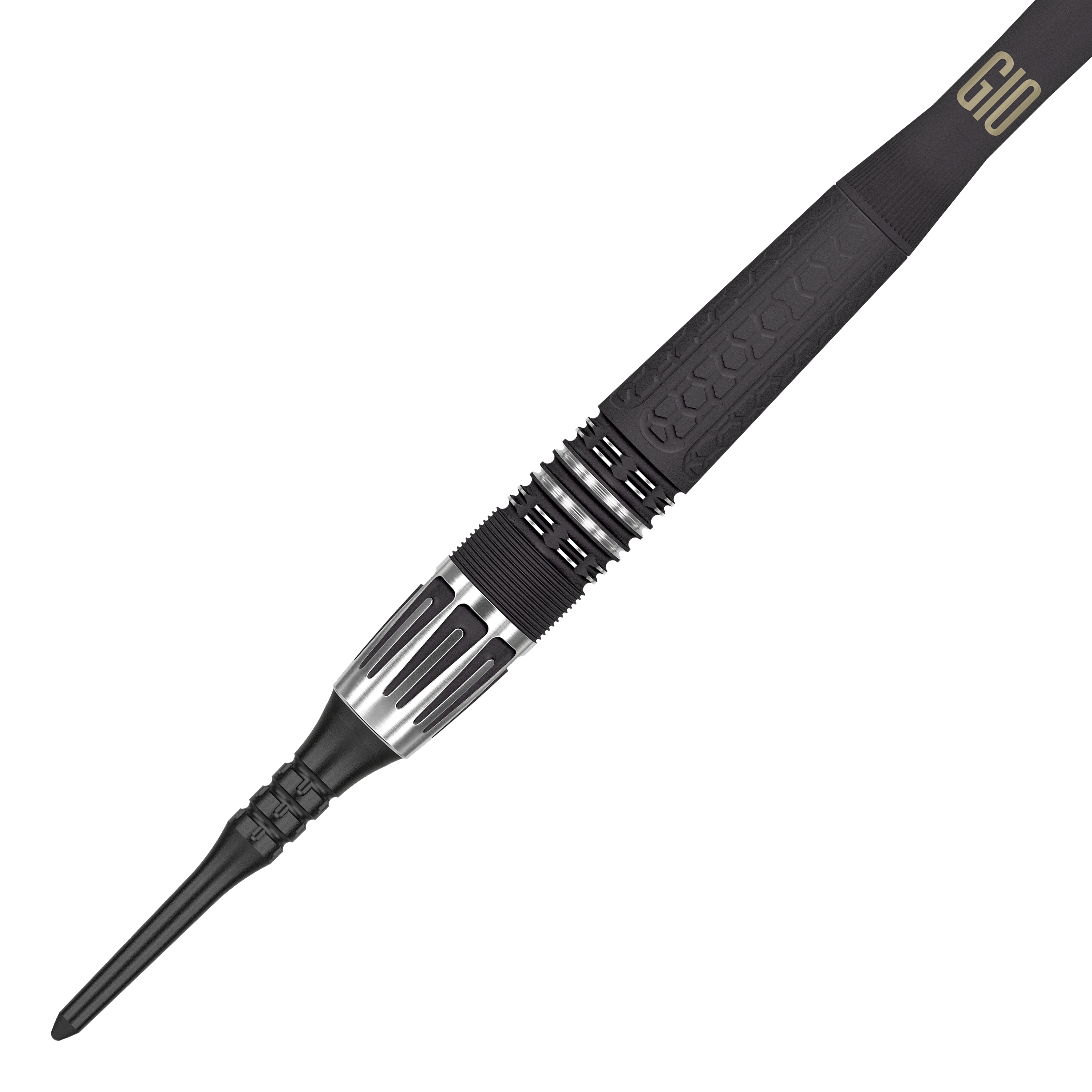 Miękkie lotki Target Phil Taylor Power 9Five GEN10 Das Bild zeigt einen modernen Softdartpfeil mit schwarzem und silbernem Design. Auf dem Griffstück steht die Aufschrift "G10".