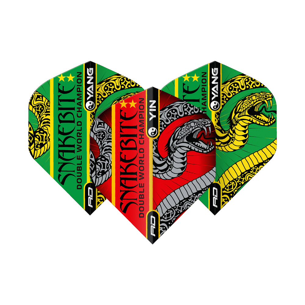 Red Dragon Peter Wright Ukąszenie Węża Czerwony Zielony Yin Yang Standardowe Loty Das Bild zeigt drei Dartflights mit bunten Farben und auffälligem Schlangen-Design. Auf den Flights steht "Snakebite Double World Champion" und sie sind in Rot, Grün, Gelb und Schwarz gestaltet.