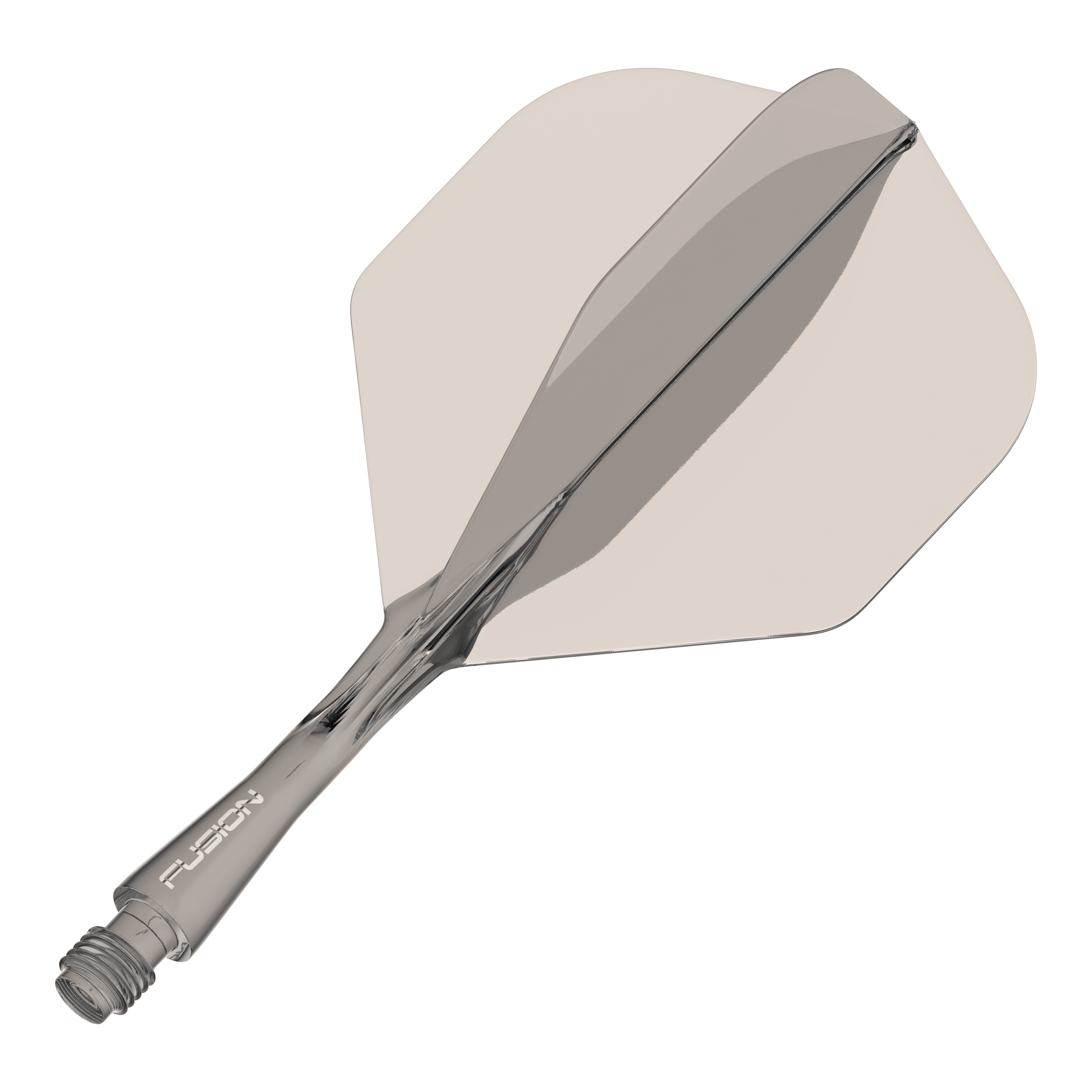 System wałów lotniczych Winmau Fusion Standard Smokey Das Bild zeigt einen transparenten Dart-Schaft mit montiertem Flight. Der Schaft hat eine rauchgraue Farbe und die Aufschrift "Fusion" ist darauf zu sehen.