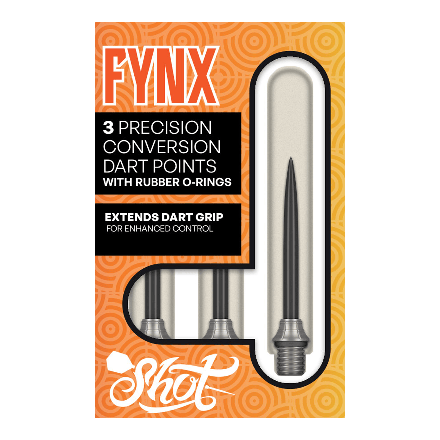 Punkty konwersji Shot Fynx - 32 mm Das Foto zeigt die Shot Fynx Conversion Points, 32 mm lang. Diese Dartspitzen ermöglichen ein einfaches Umwechseln der Pointen.