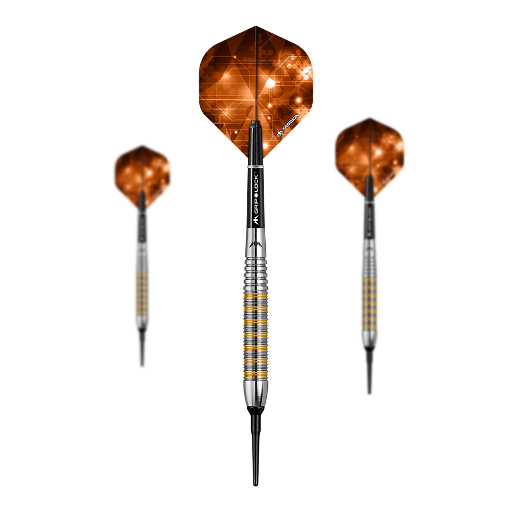 Das Bild zeigt drei Softdarts des Modells "Mission Ardent Model 2" mit einem Gewicht von 18g. Die Flights haben ein auffälliges, orange-braunes Muster mit geometrischen Formen.