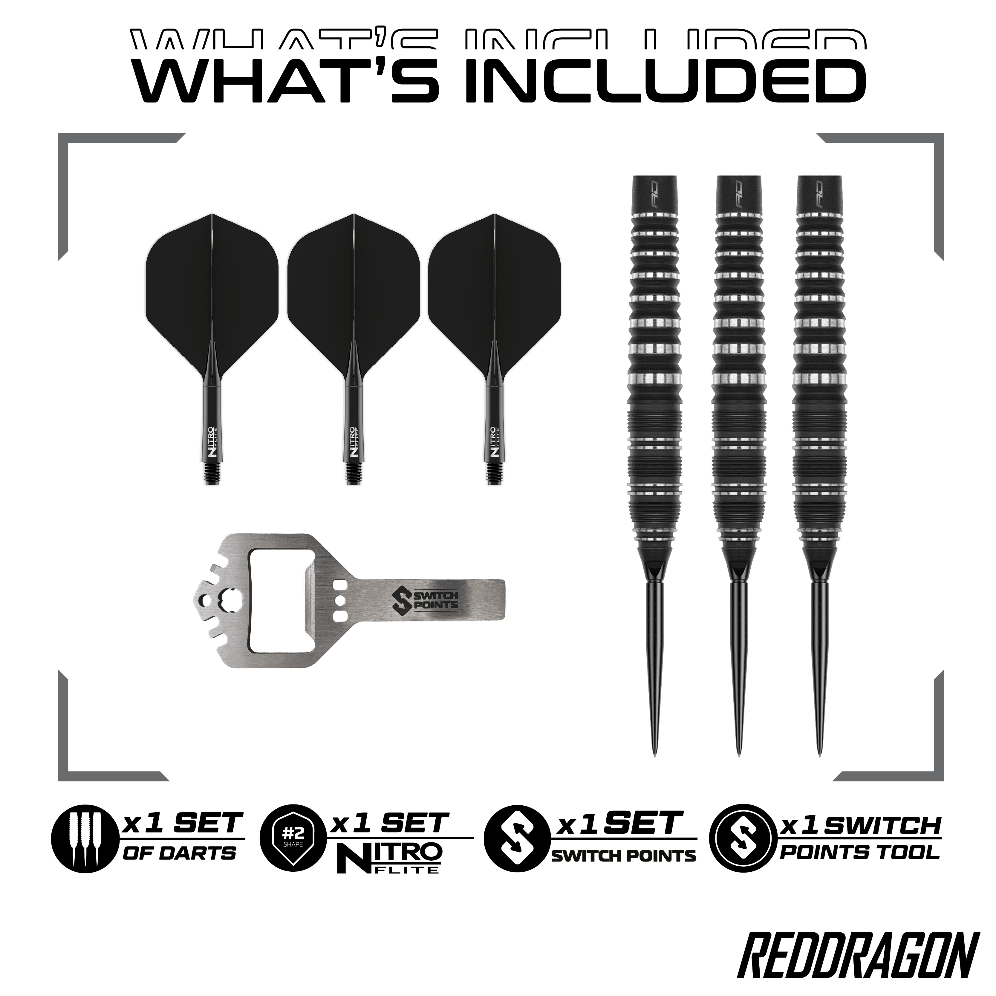 Rzutki stalowe Red Dragon Sable Torpedo Switch Point Hier sind Red Dragon Sable Torpedo Switch Point Steeldarts zu sehen. Diese Darts zeichnen sich durch ihre Torpedo-Form aus.