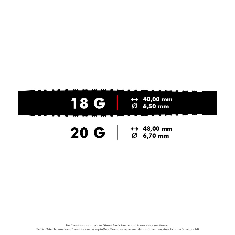 Miękkie lotki Harrows NX90 Black Edition Das Bild zeigt zwei Dart-Gewichte und ihre Maße. Die 18g-Darts haben einen Durchmesser von 6,5 mm, die 20g-Darts von 6,7 mm, beide sind 48 mm lang.