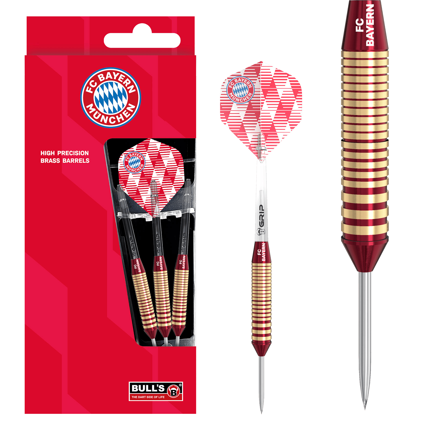 Abgebildet sind die Bulls FC Bayern München Brass Steeldarts mit einem Gewicht von 21g. Das Produkt ist ideal für Fans des FC Bayern München und Steeldartspieler.
