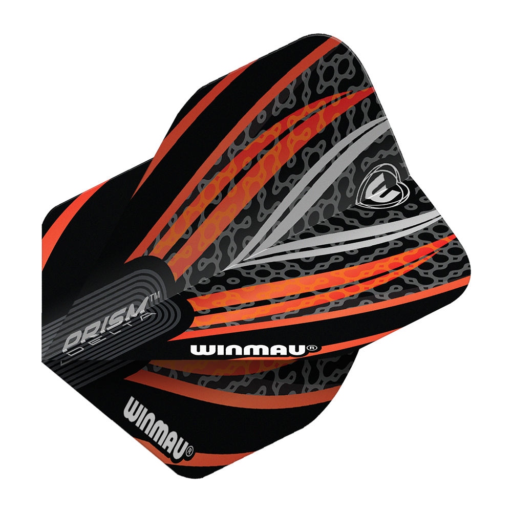 Winmau Prism Delta Czarno-Biało-Pomarańczowy Nr 2 Standardowe Loty Das Bild zeigt ein Winmau Prism Delta Flight in den Farben Schwarz, Weiß und Orange. Das Flight hat ein modernes, auffälliges Muster mit dem Winmau-Logo und Schriftzug.
