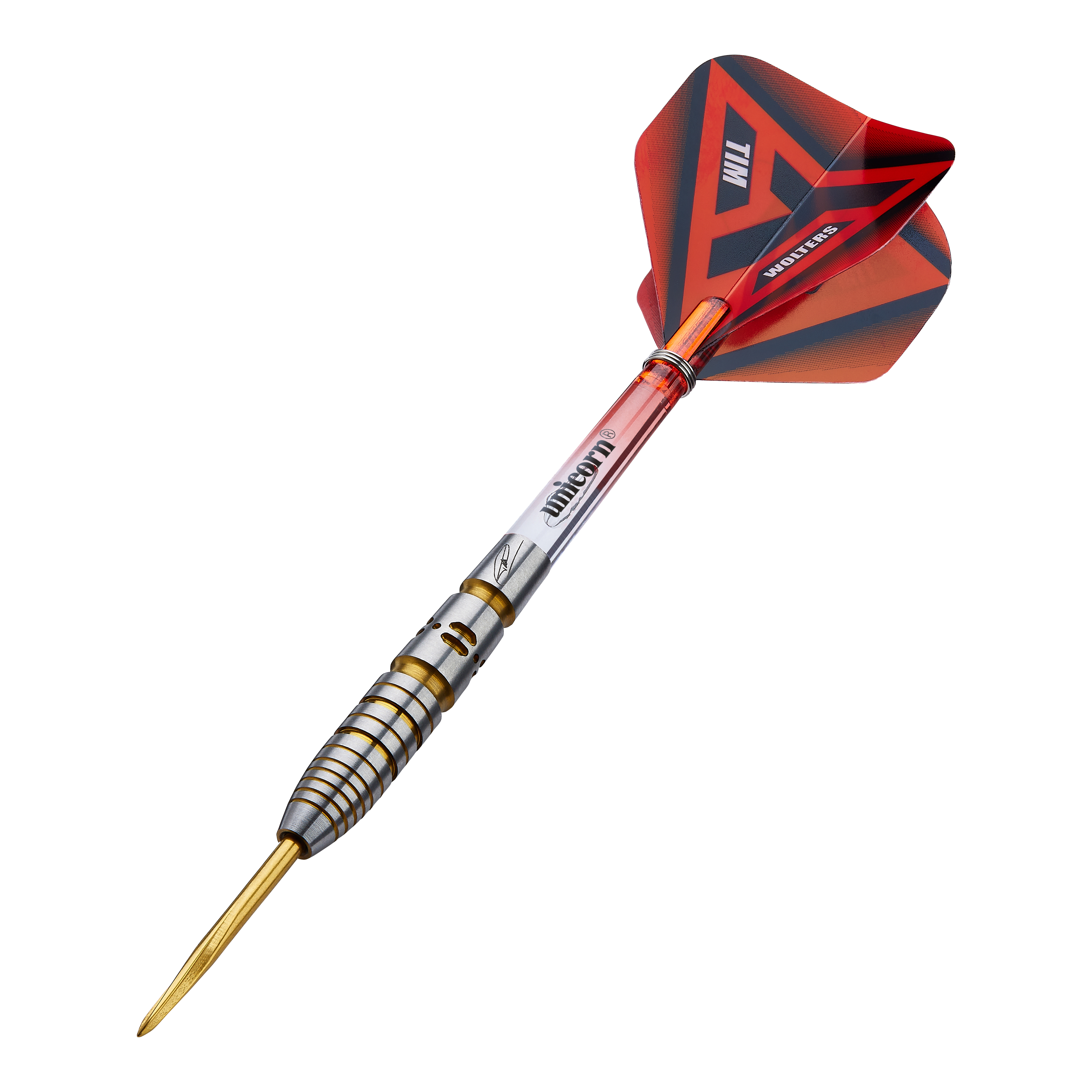Das Bild zeigt einen Unicorn Contender Tim Wolters Steeldart mit 24g Gewicht. Der Dart hat einen gold-silbernen Schaft und eine rot-schwarze Flight mit der Aufschrift "TIM WOLTERS".