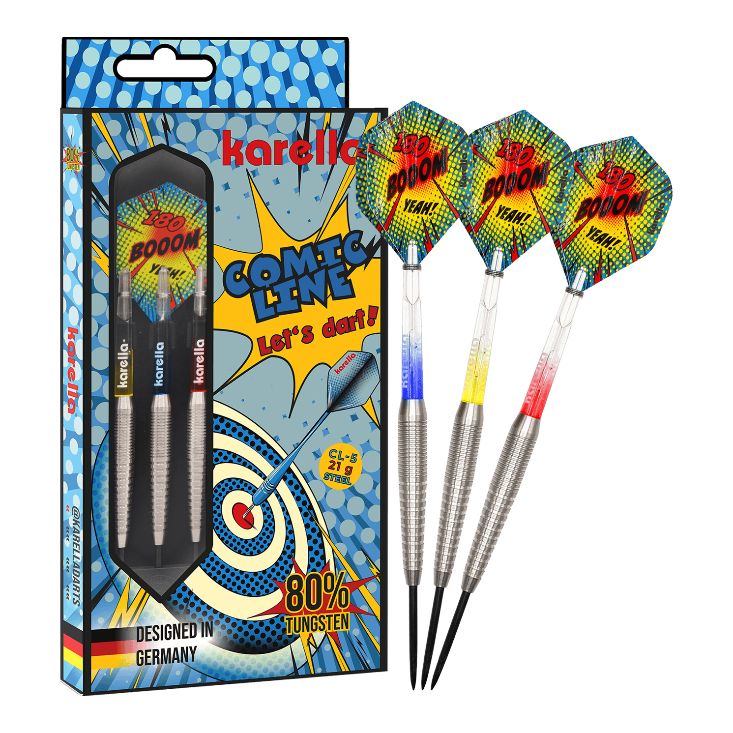 Lotki stalowe Karella Comic Line CL-5 - 21g Das Bild zeigt die Karella Comic Line CL-5 Steeldarts - 21g. Es handelt sich um ein Set moderner Steeldarts mit auffälligem Design.