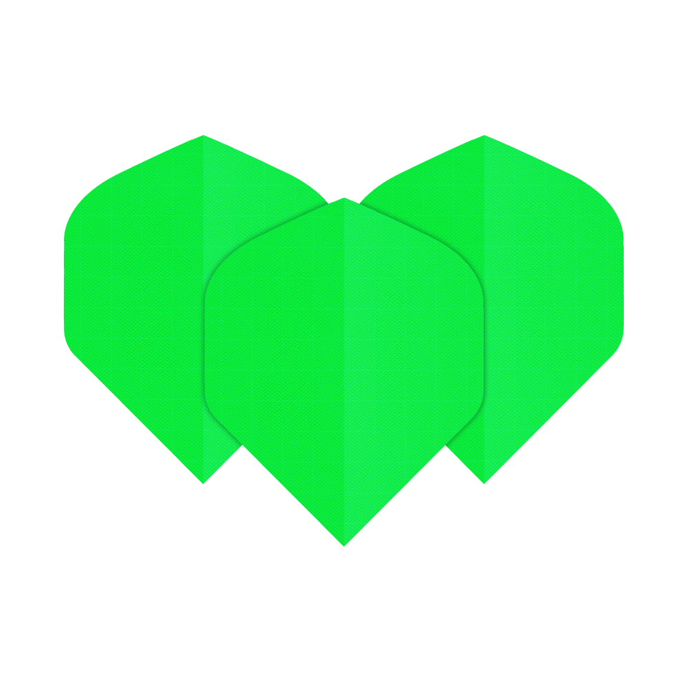 Nylonowe lotki N5 - Standard - Neonowa zieleń Das Bild zeigt drei neongrüne Nylon-Stoff Flights in der Form N5. Sie sind nebeneinander angeordnet und leuchten auffällig.