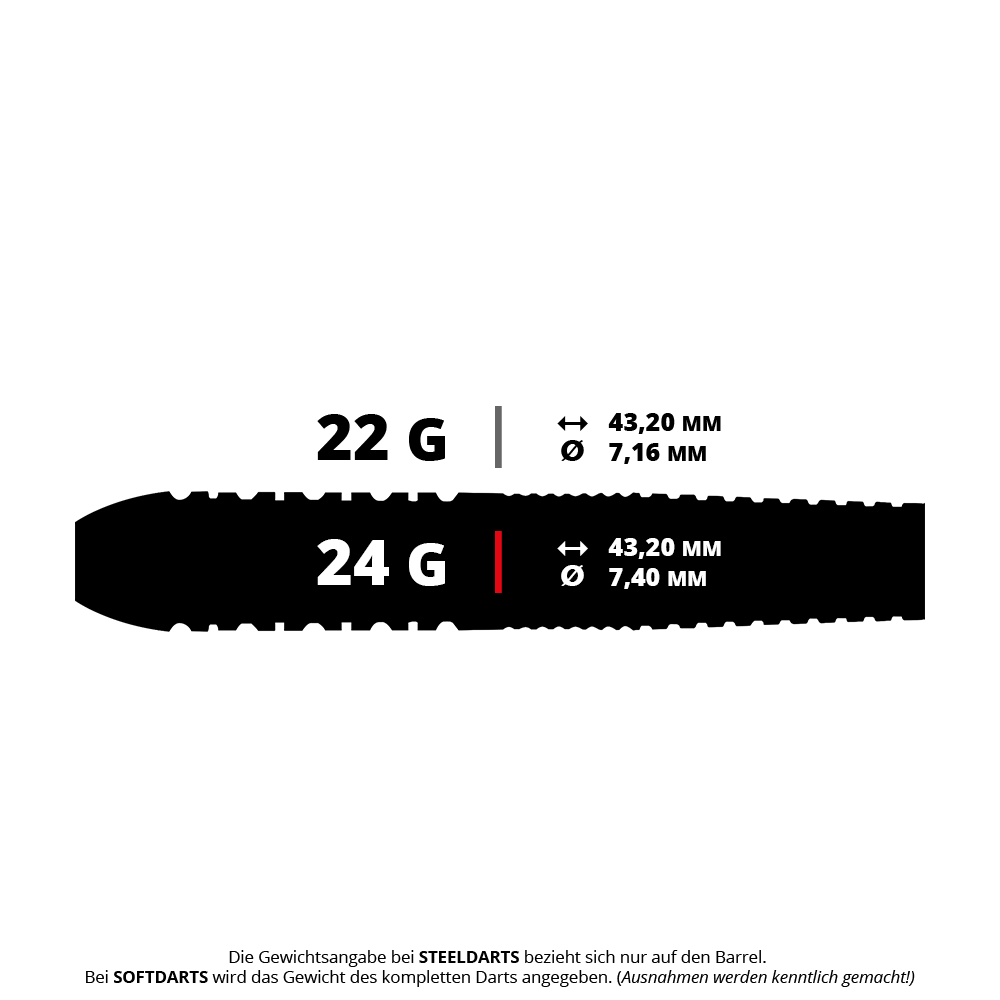 Winmau Steve Beaton Legend Series Steeldarts Das Bild zeigt zwei verschiedene Steeldarts mit unterschiedlichen Gewichten, 22 Gramm und 24 Gramm. Beide Darts haben eine Länge von 43,20 mm, aber unterschiedliche Durchmesser: 7,16 mm und 7,40 mm.