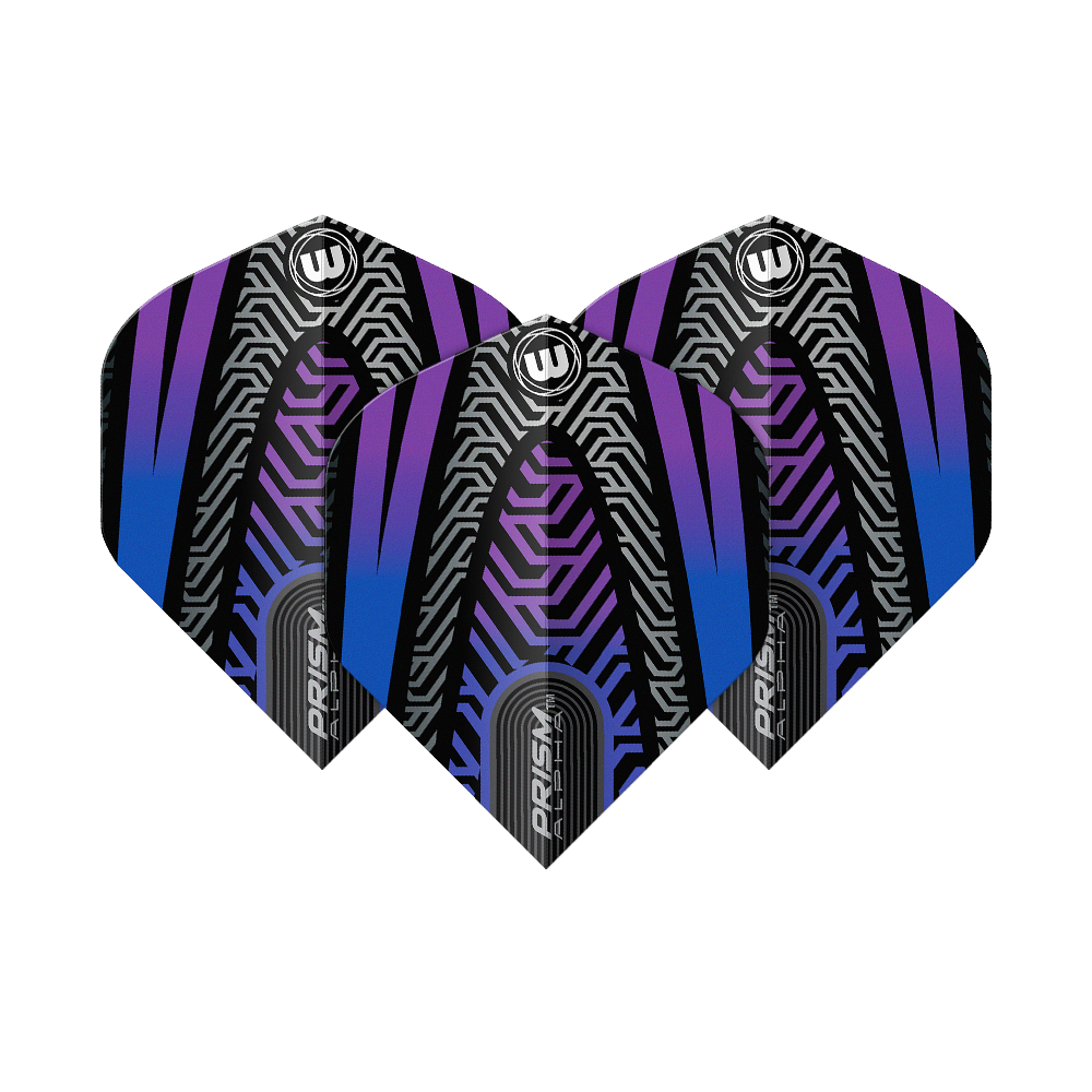 Das Bild zeigt drei Dart-Flights des Modells "Winmau Prism Alpha Schwarz Blau No2 Standard Flights". Die Flights sind schwarz mit blauen und lilafarbenen Mustern sowie silbernen Akzenten gestaltet.