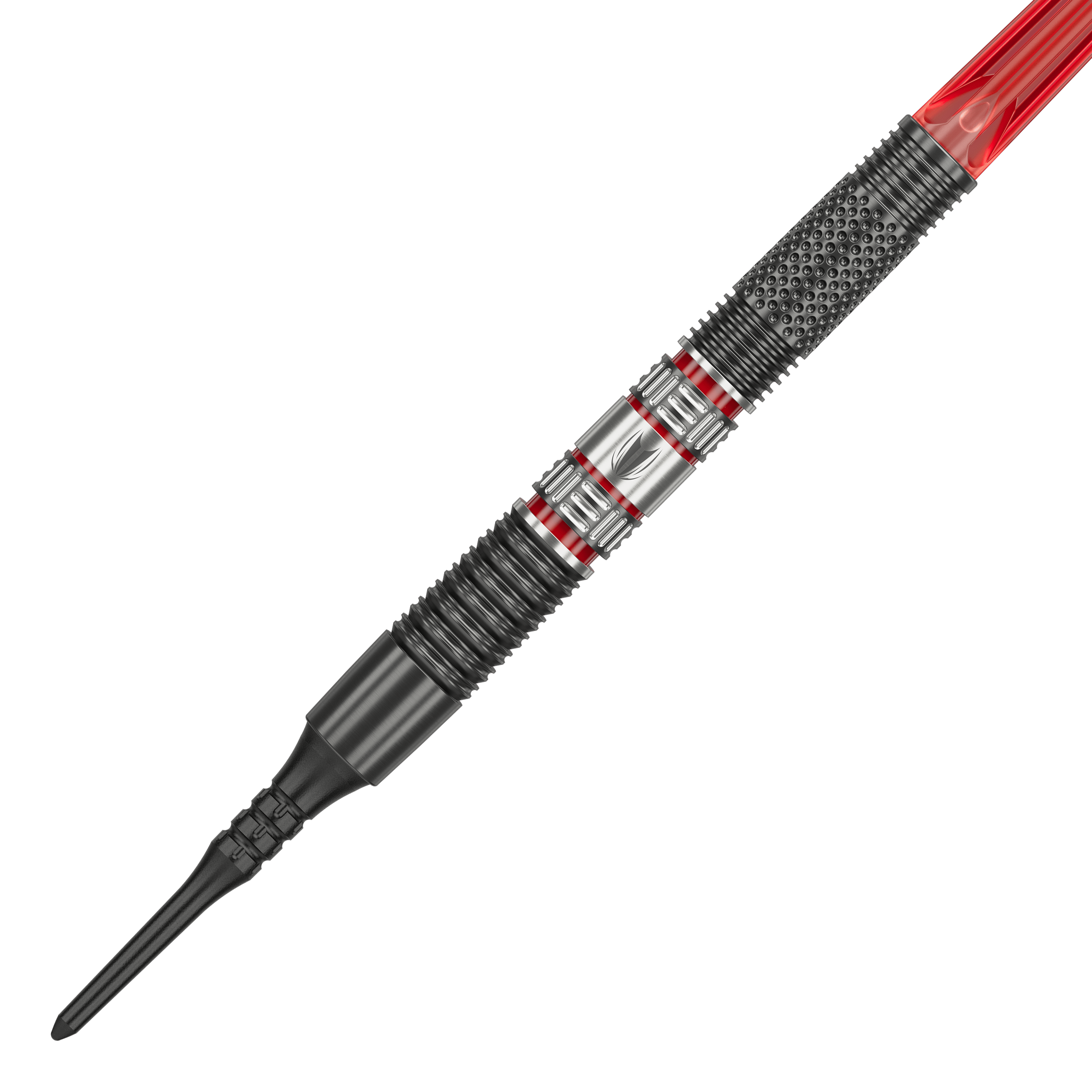 Miękkie lotki Target Gabriel Clemens 95K - 19g Das Bild zeigt einen Target Gabriel Clemens 95K Softdart mit einem Gewicht von 19 Gramm. Der Dart hat ein auffälliges Design mit silbernen, schwarzen und roten Elementen.