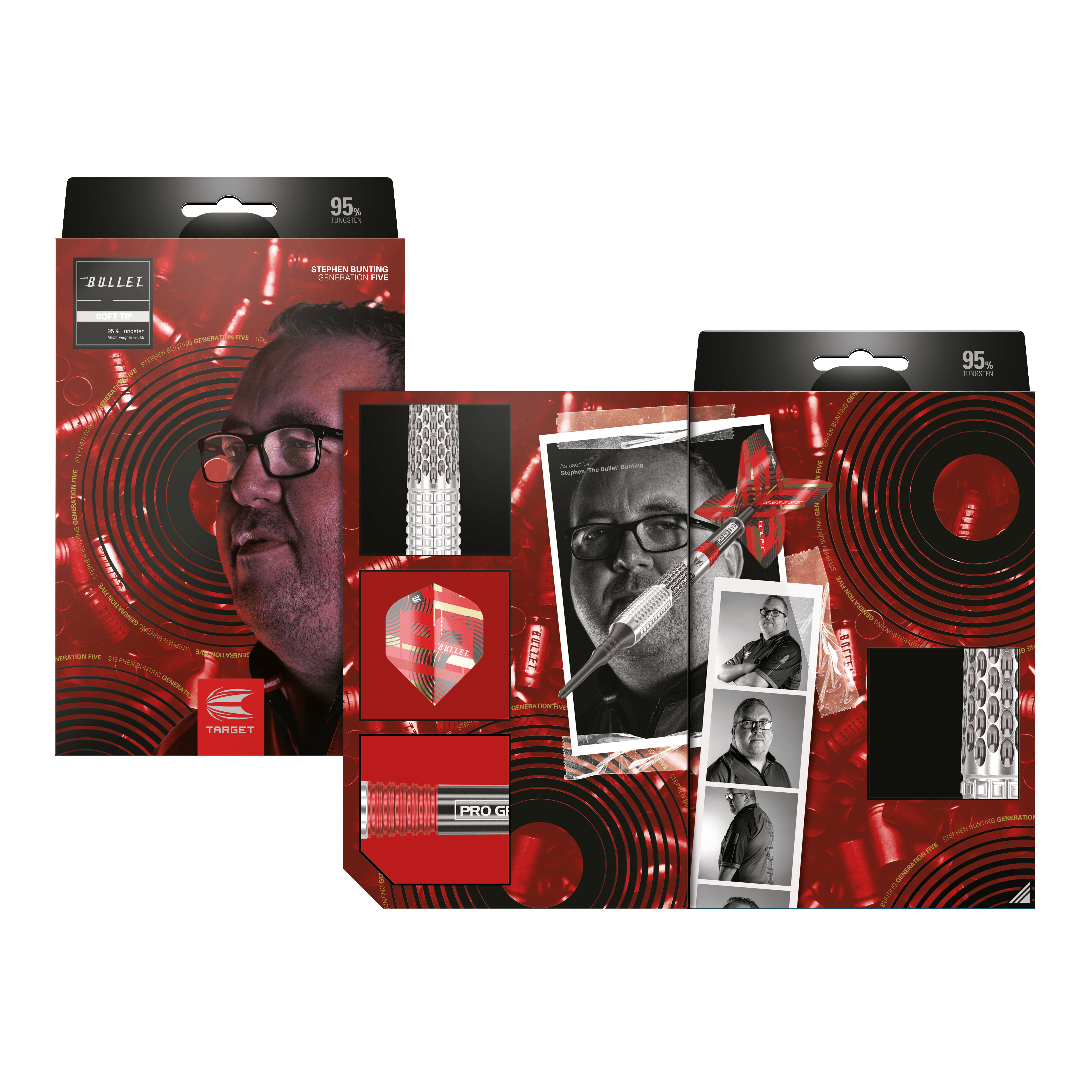 Lotki miękkie Target Stephen Bunting GEN5 - 18 g Auf dem Bild ist die Verpackung der "Target Stephen Bunting GEN5 Softdarts - 18g" zu sehen. Die Verpackung zeigt ein Porträt von Stephen Bunting und mehrere Produktdetails vor einem roten, auffälligen Hintergrund.