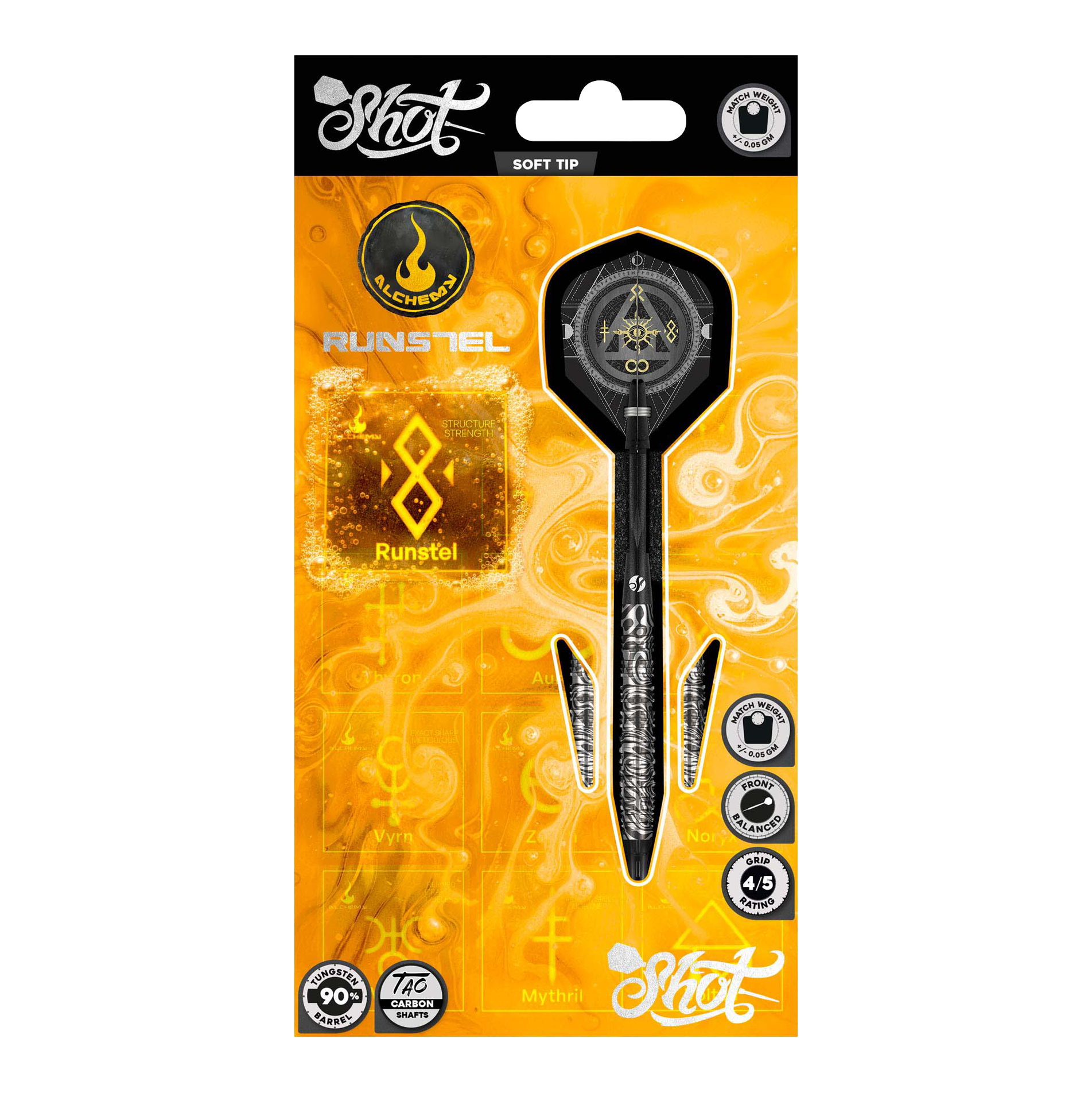 Shotki Runstel Soft Darts firmy Shot Alchemy - 20 g Das Foto zeigt die 20g Shot Alchemy Runstel Softdarts. Die Darts sind ideal für Spieler, die Wert auf Qualität legen.