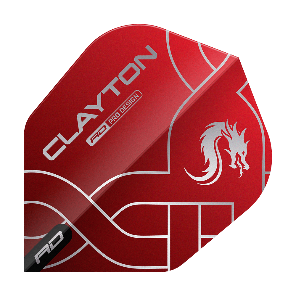 Das Bild zeigt ein rotes Dartflight mit silbernem Drachenmotiv und der Aufschrift "CLAYTON". Das Design ist modern und auffällig gestaltet.
