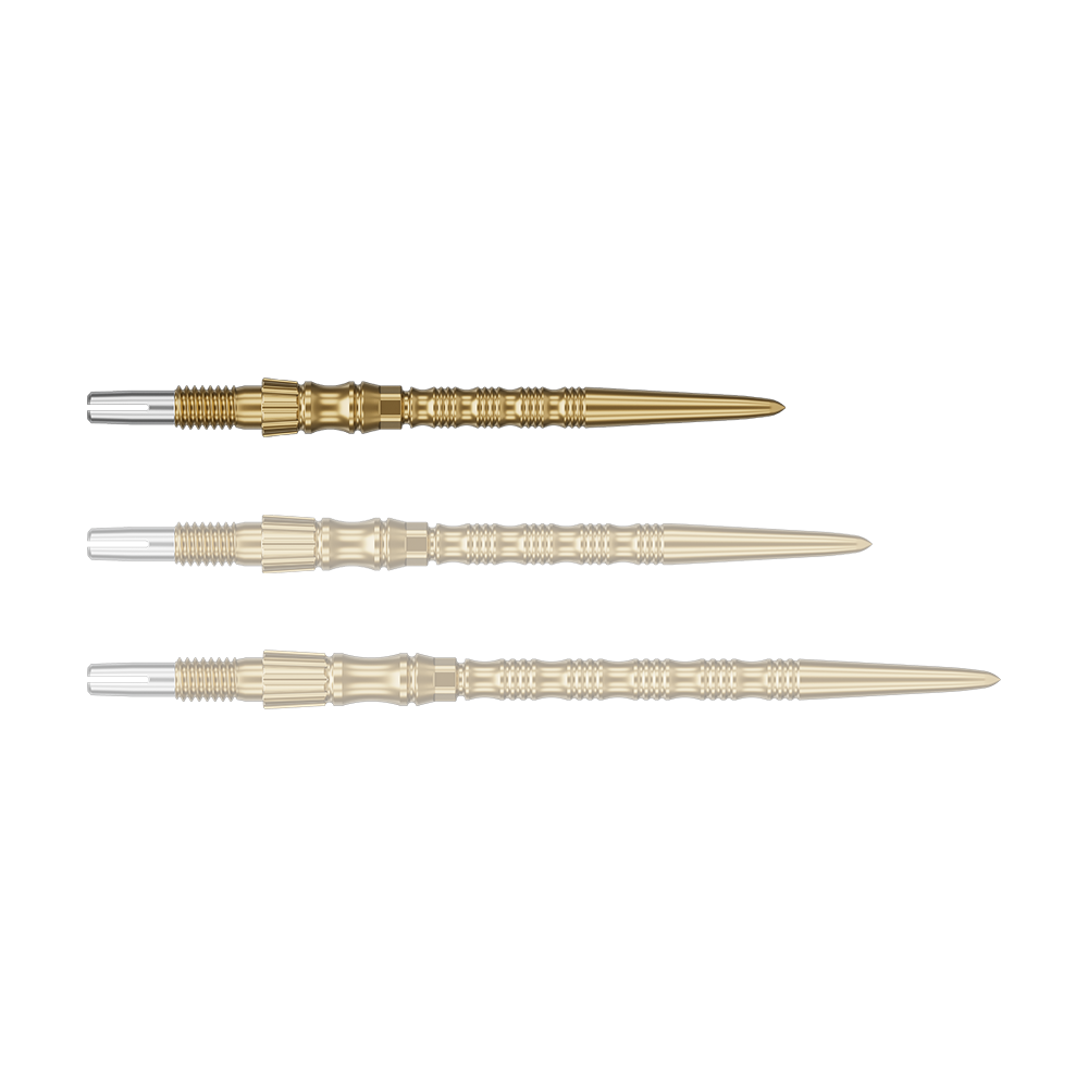 Ein einzelner Target SwissPoint Signature TRB Dartspitze in Gold mit 30mm Länge wird gezeigt. Die Spitze ist detailliert abgebildet.