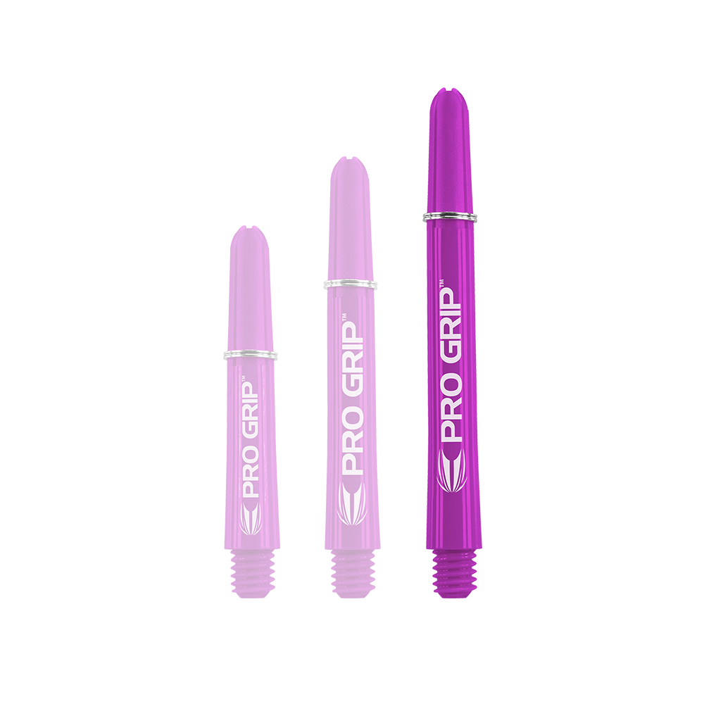 Wałki Target Pro Grip - 3 zestawy - fioletowe Das Bild zeigt drei lilafarbene PRO GRIP Dartschäfte in unterschiedlichen Längen. Sie sind nebeneinander angeordnet und haben jeweils weiße Schrift und Markierungen.