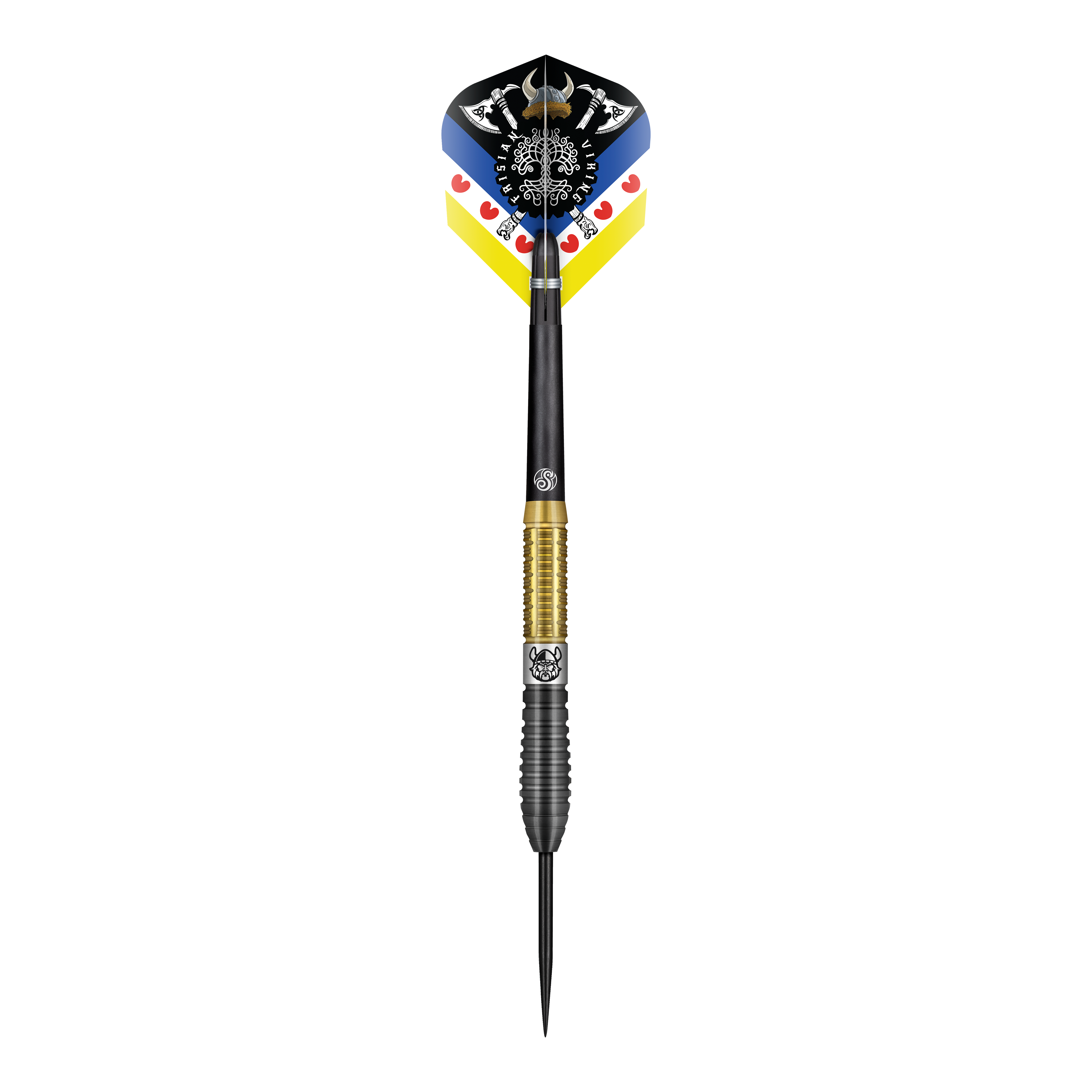 Das Bild zeigt einen Steeldart der Marke "Shot Pro Series Jitse Van Der Wal" mit einem Gewicht von 24g. Der Dart hat ein auffälliges Flight-Design mit schwarz-goldenem Schaft und Metallspitze.