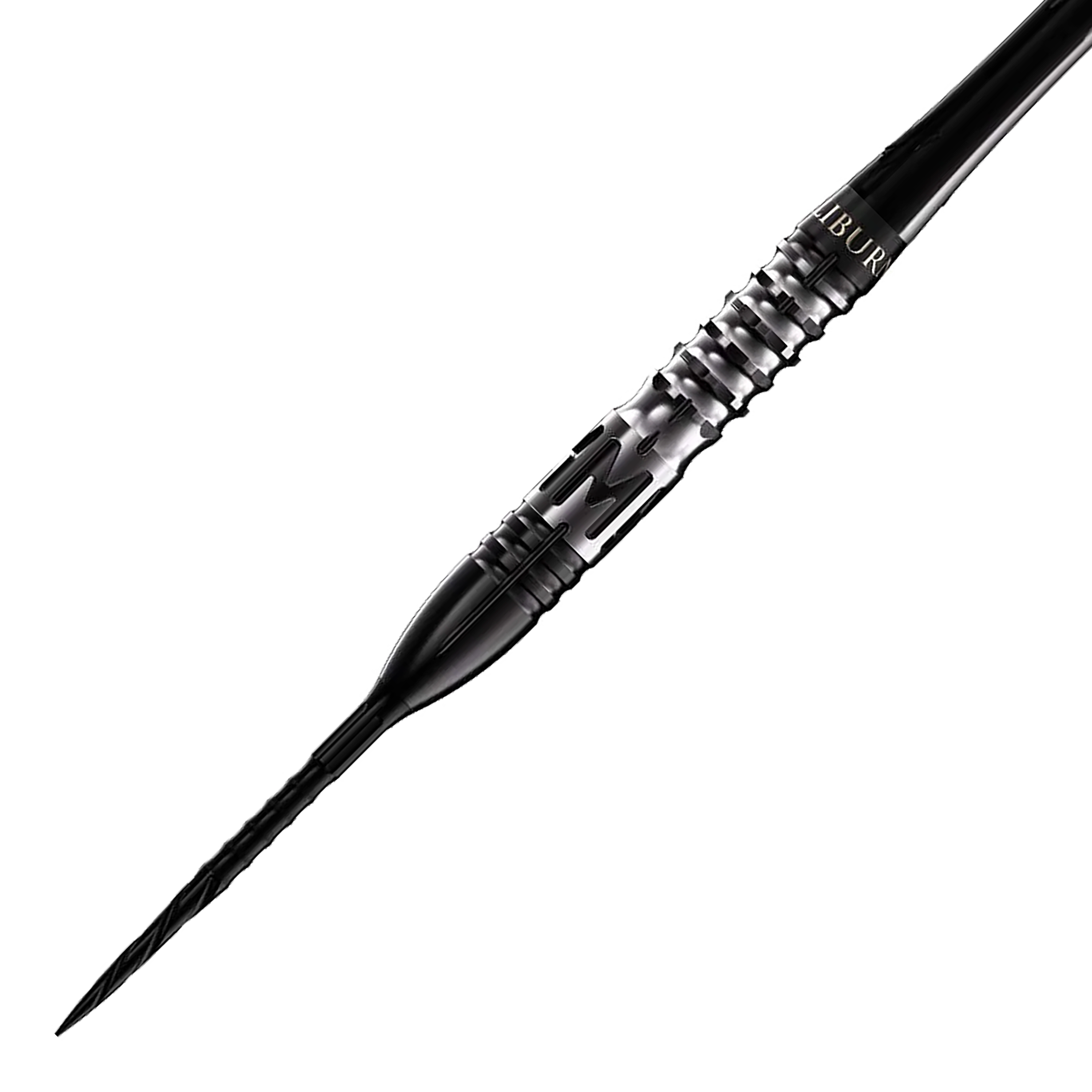 Stalowe lotki Caliburn Player MAK Das Bild zeigt einen Caliburn Player MAK Steeldart mit einem Gewicht von 23,5g. Der Dart ist schwarz-silber und hat ein modernes, geriffeltes Griffdesign.