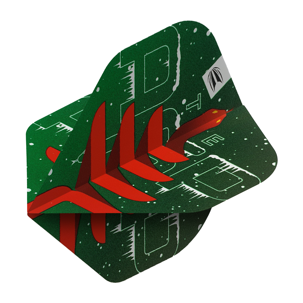 WF-2_Target_Merry_Christmas_Flights_Nathan_Aspinall_2 Das Bild zeigt das Produkt "Target Merry Christmas Flights Nathan Aspinall". Das Flight ist grün mit weihnachtlichen Mustern und einem roten Pfeildesign gestaltet.