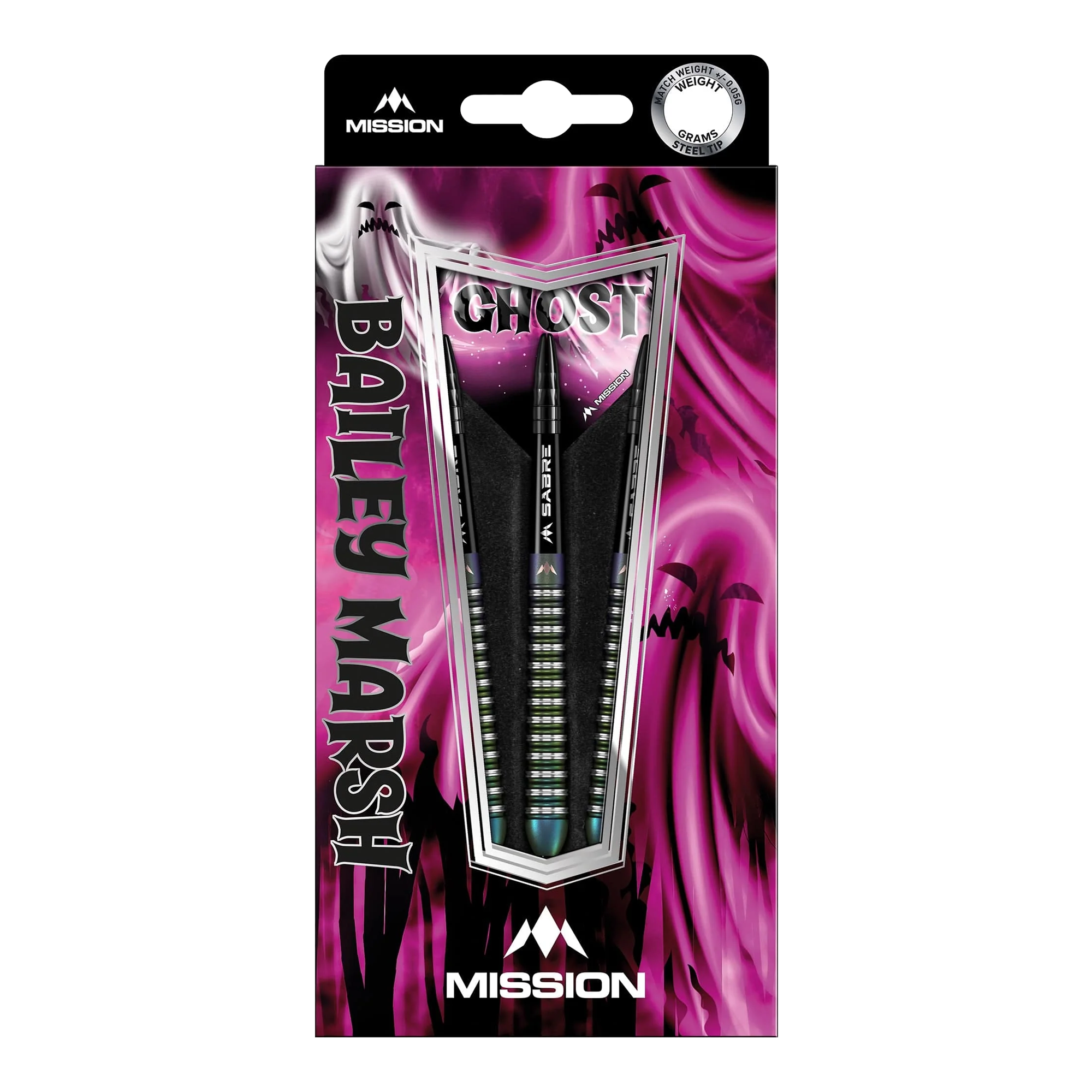 Das Bild zeigt eine Packung Mission Bailey Marsh Ghost Steeldarts mit einem Gewicht von 23 Gramm. Die Verpackung ist in auffälligen lila und schwarzen Farben gestaltet und zeigt drei Darts.