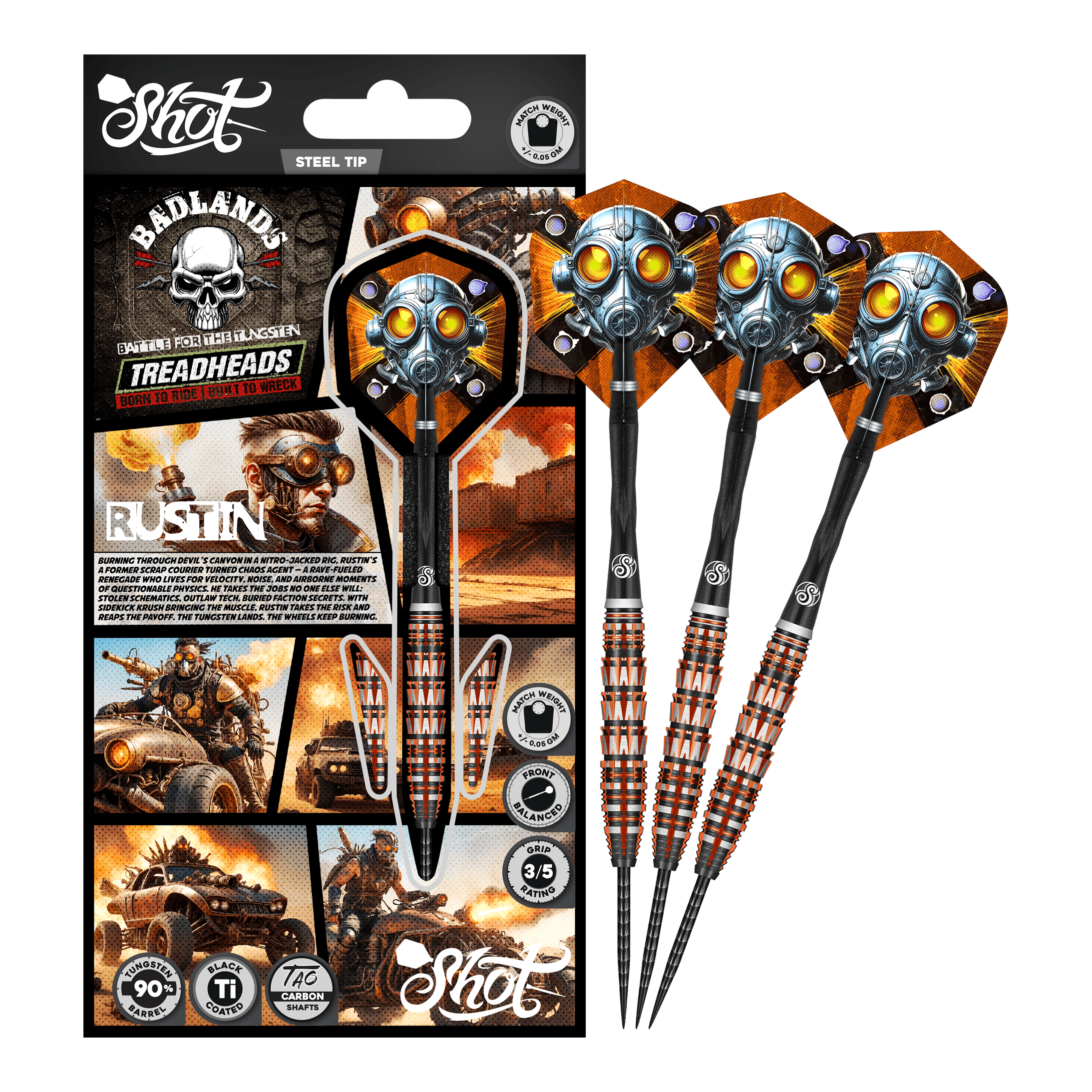 Shoty Badlands Rustin Steel Darts - 23g Das Bild präsentiert den Shot Badlands Rustin Steeldarts - 23g. Der komplette Dartpfeil ist abgebildet.