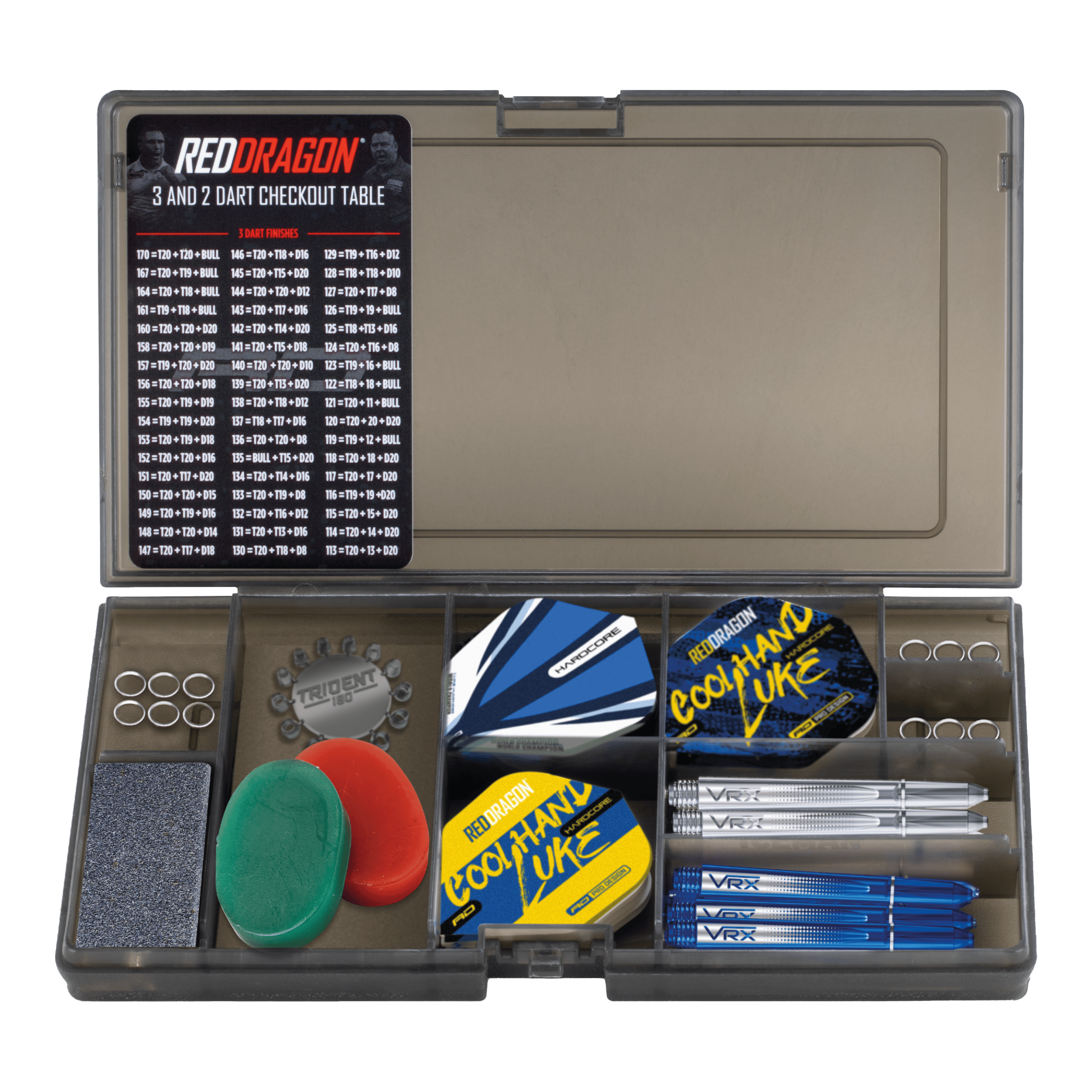 Pakiet akcesoriów Optima Red Dragon Luke Humphries Das Bild zeigt das Red Dragon Luke Humphries Optima Zubehör Pack für Darts. In der Box befinden sich Flights, Shafts, Ringe, Schleifsteine, ein Checkout-Tabelle und weiteres Dartzubehör.