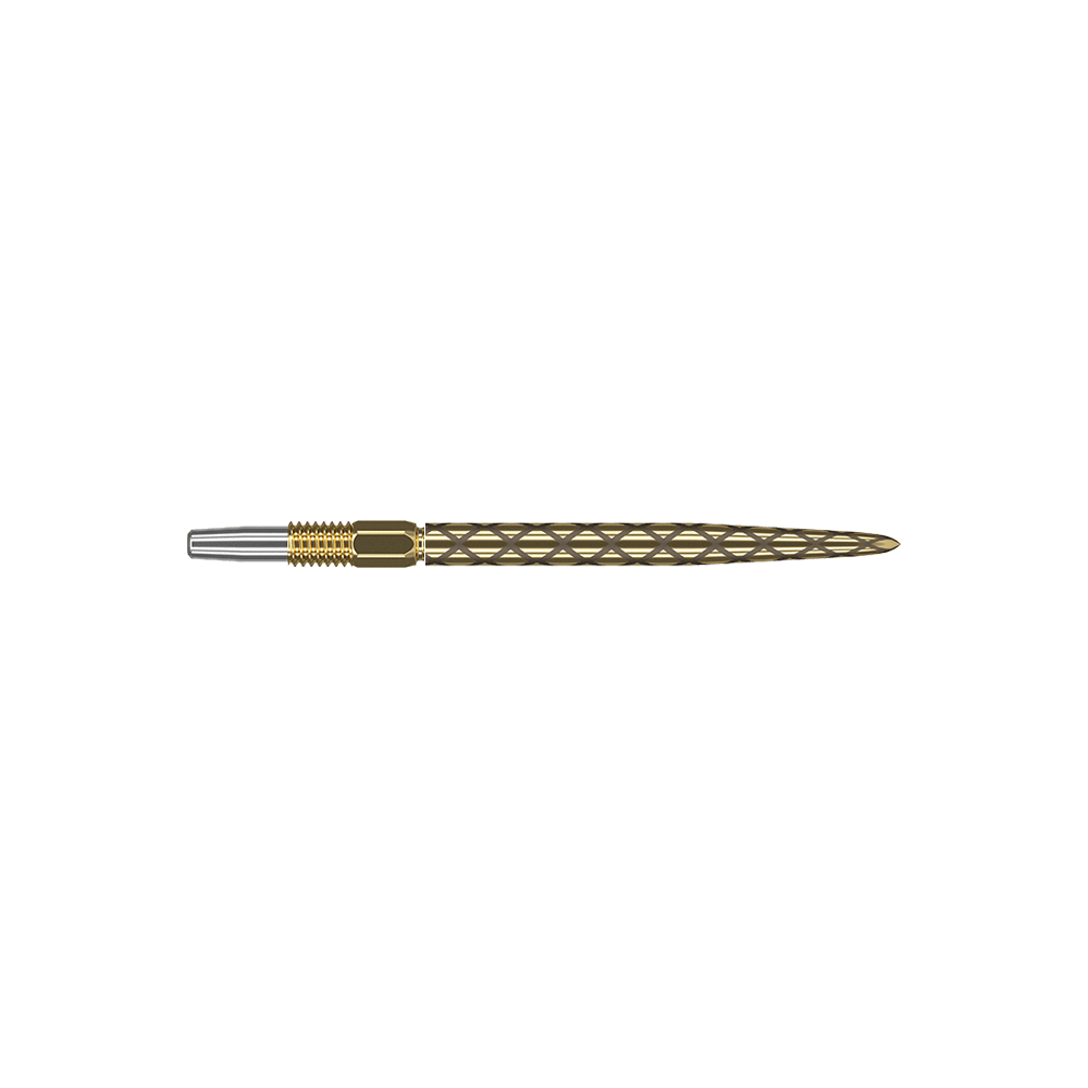 Końcówki do lotek Target Swiss Diamond Pro Gold Das Bild zeigt eine goldene Dartspitze mit einem filigranen, rautenförmigen Muster. Die Spitze hat einen silbernen Ansatz und ist insgesamt schlank und länglich geformt.