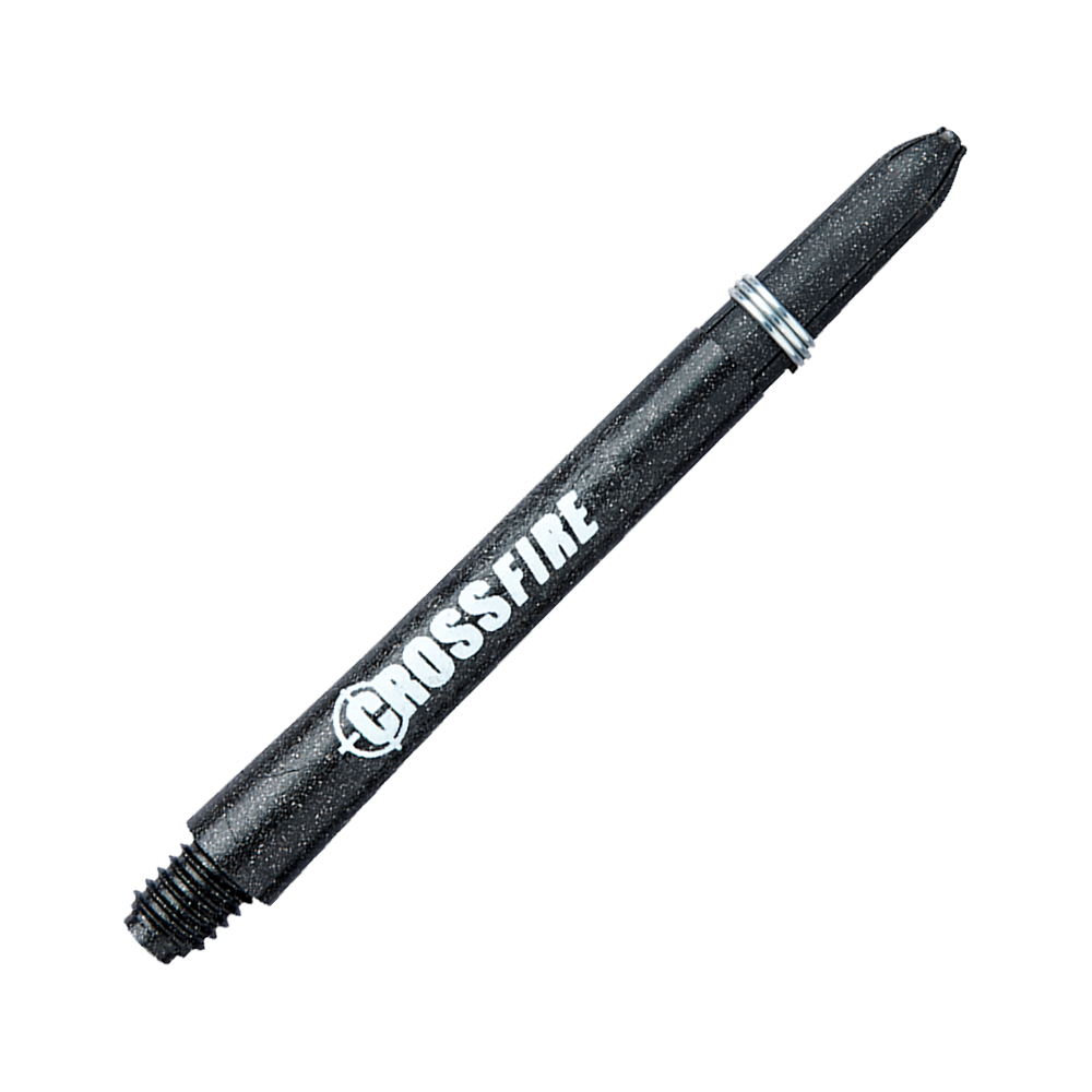 C177_Red_Dragon_Crossfire_Carbon_Fibre_Shafts_48mm_2 Das Bild zeigt einen schwarzen Dart-Schaft mit der Aufschrift "Crossfire". Es handelt sich um das Produkt "RedDragon Crossfire Carbon Fibre Shafts".