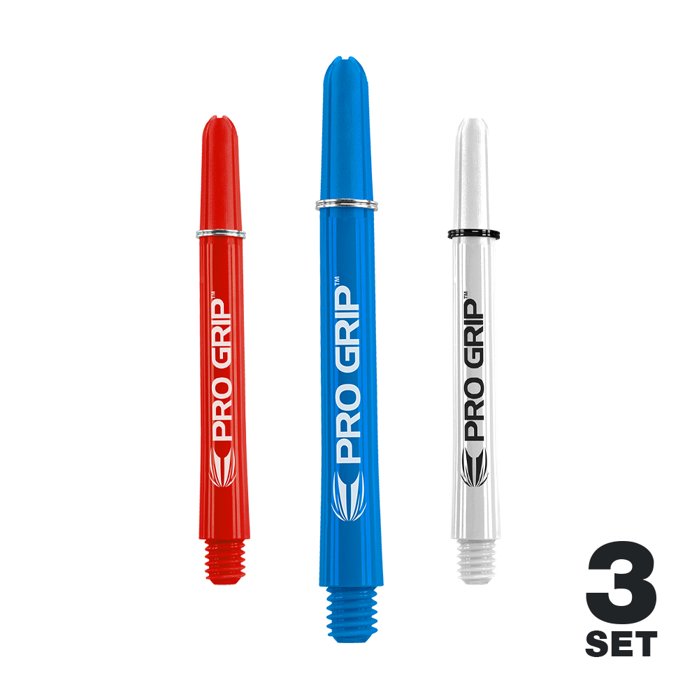 Auf dem Bild sind drei Dart-Schäfte in den Farben Rot, Blau und Weiß zu sehen. Sie tragen die Aufschrift "PRO GRIP" und sind als 3er-Set dargestellt.