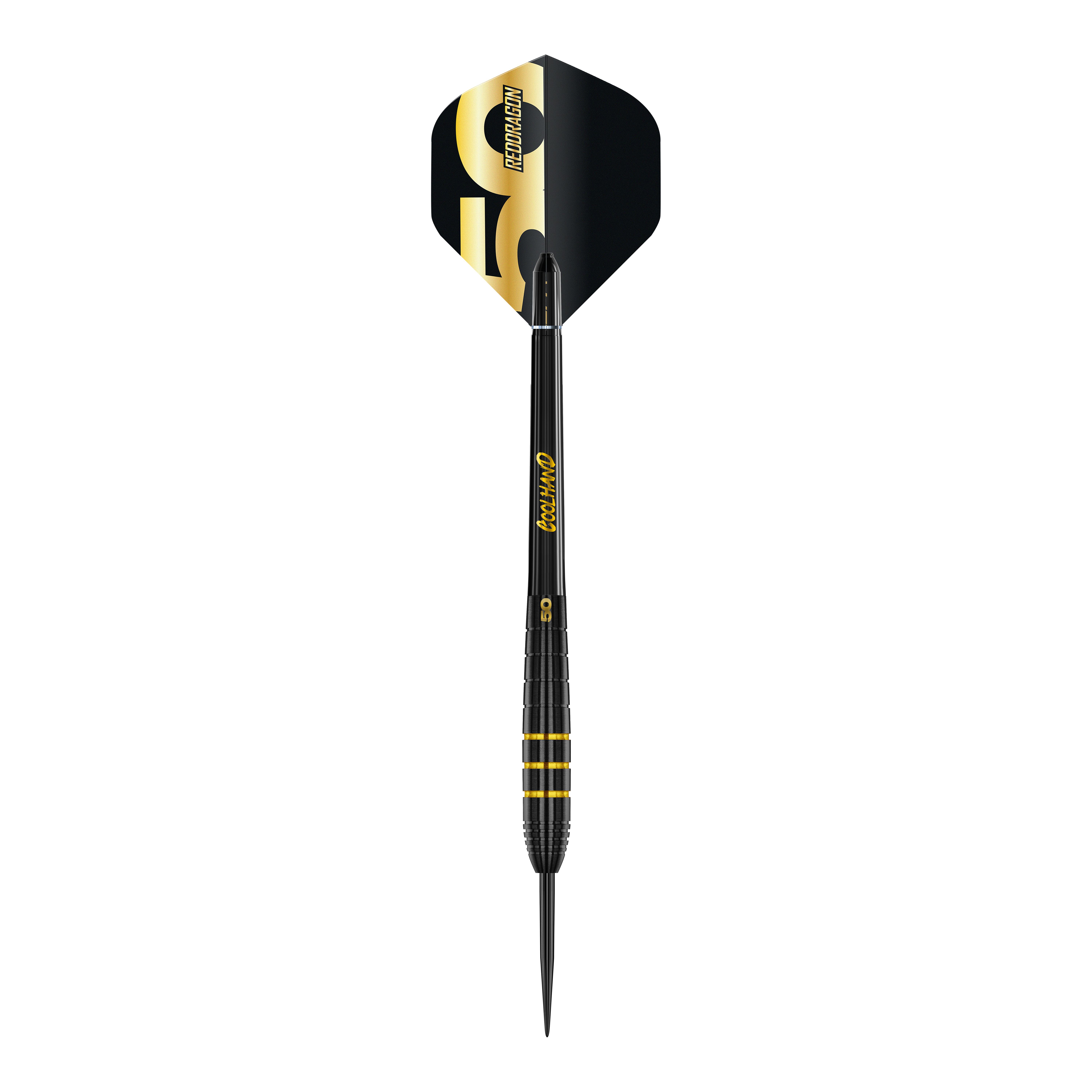 Das Bild zeigt die Red Dragon Luke Humphries 50 Years Player Limited Edition Steeldarts - 22g. Es handelt sich um ein limitiertes Dartpfeil-Set zum 50-jährigen Jubiläum.