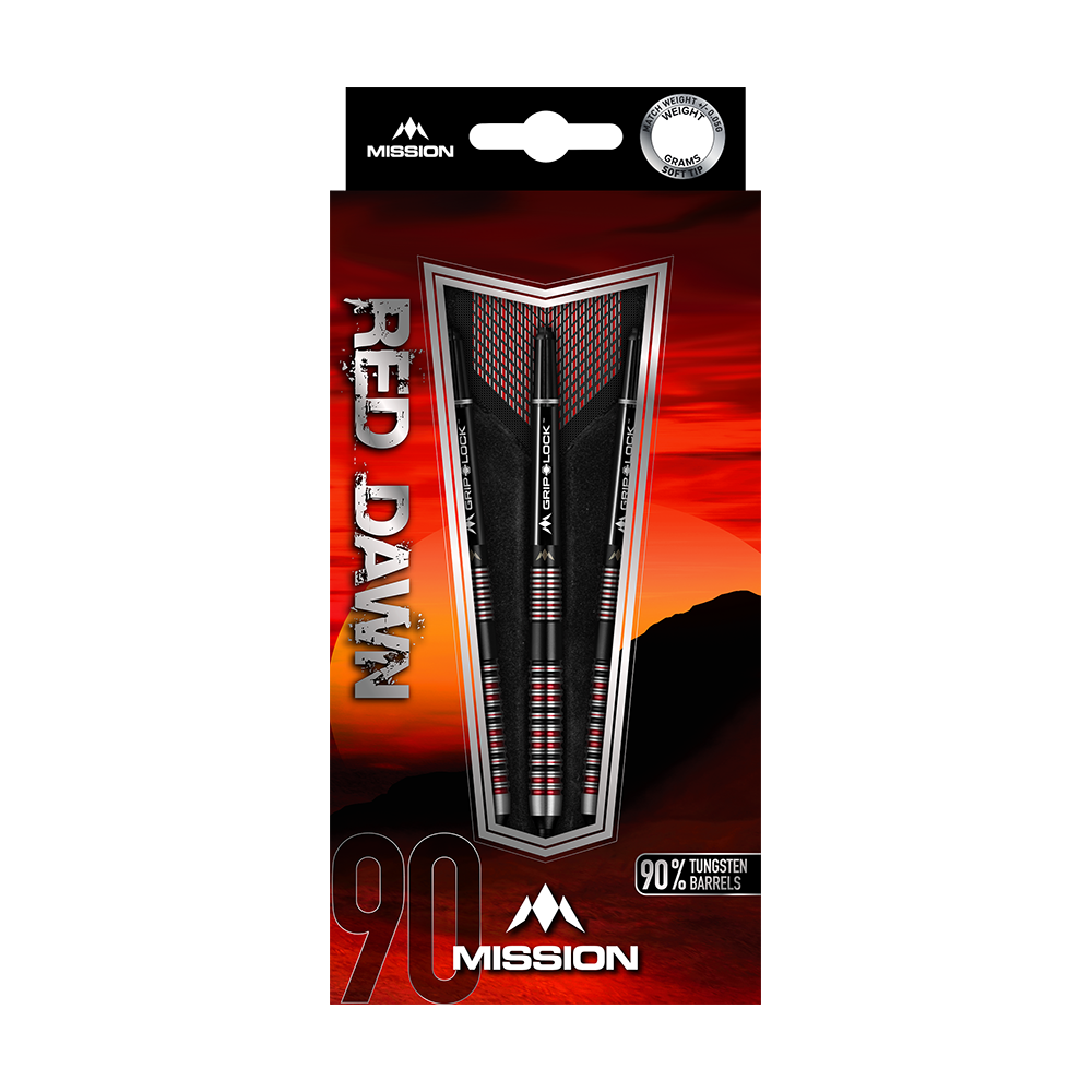 Das Bild zeigt die Verpackung der "Mission Red Dawn Model 1 Softdarts - 19g". Drei Softdarts mit schwarzen und roten Akzenten sind prominent vor einem roten Sonnenaufgangshintergrund zu sehen.
