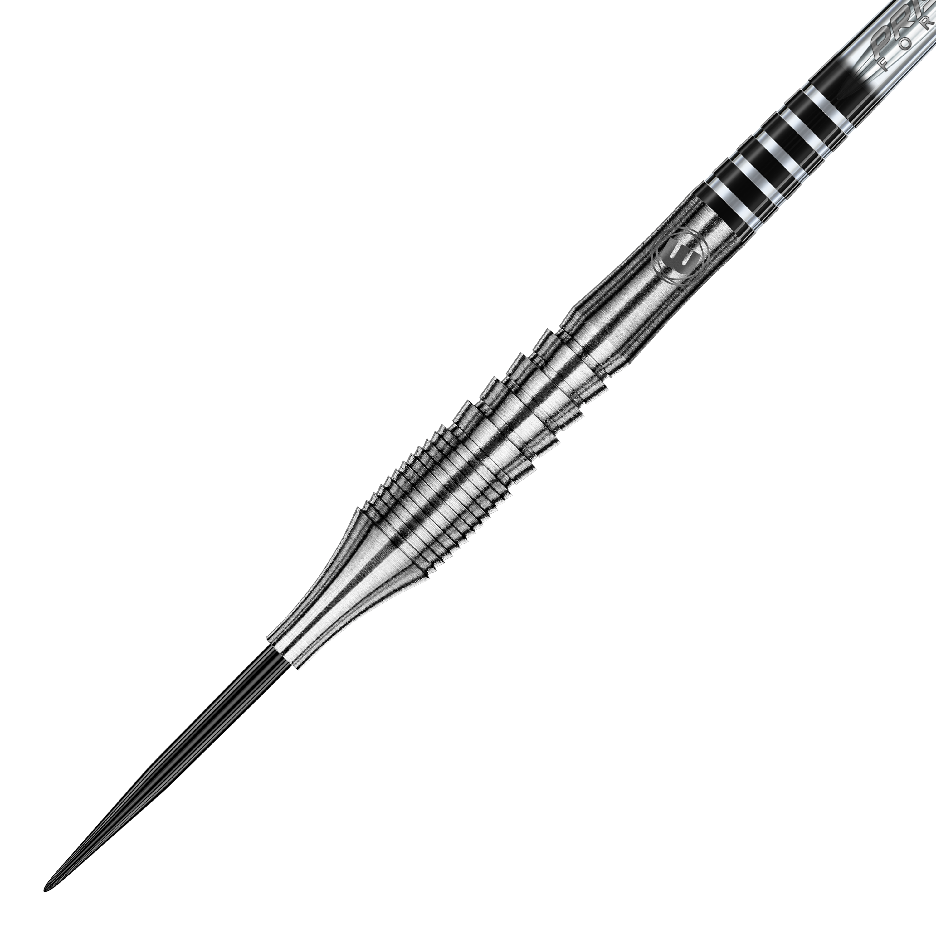 Das Bild zeigt einen Winmau Sniper V1 Steeldart mit einem silbernen, geriffelten Griff. Die Oberfläche des Darts ist aus Metall und hat feine Rillen für besseren Halt.
