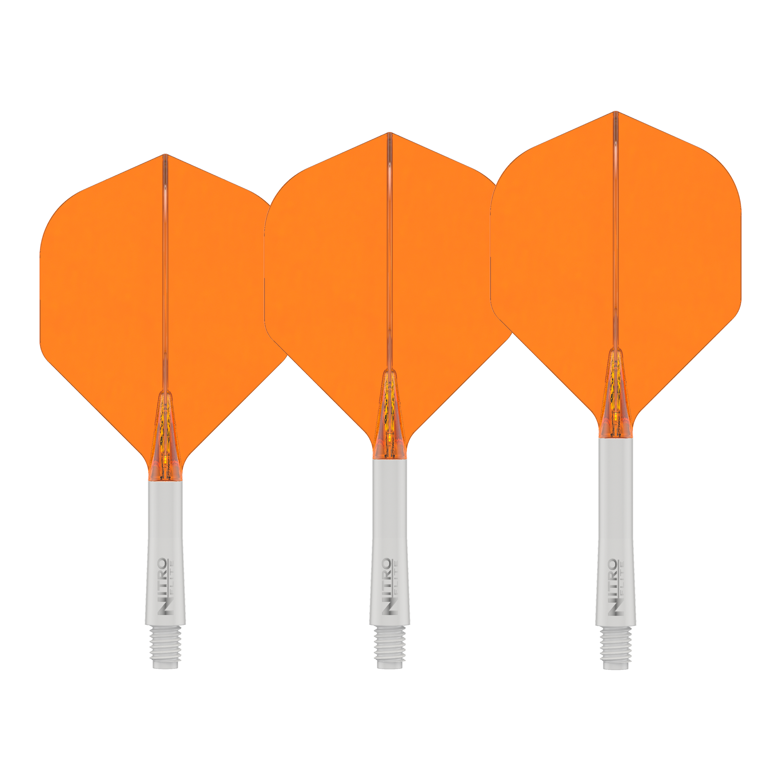 Red Dragon Nitroflite Biały trzonek Pomarańczowe lotki nr 2 Das Bild zeigt das Produkt Red Dragon Nitroflite White Shaft Orange Flights No2. Es handelt sich um einen weißen Dart-Schaft mit orangefarbenen Flights.