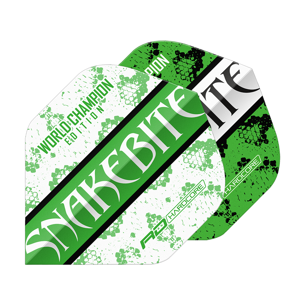 Czerwony Smok Peter Wright Ukąszenie Węża Zielono-Białe Yin Yang Standardowe Loty Das Bild zeigt zwei Dart-Flights in grün-weißem Design mit der Aufschrift "SNAKEBITE". Auf einem Flight steht zusätzlich "WORLD CHAMPION EDITION" und beide haben ein Schlangenhaut-Muster.