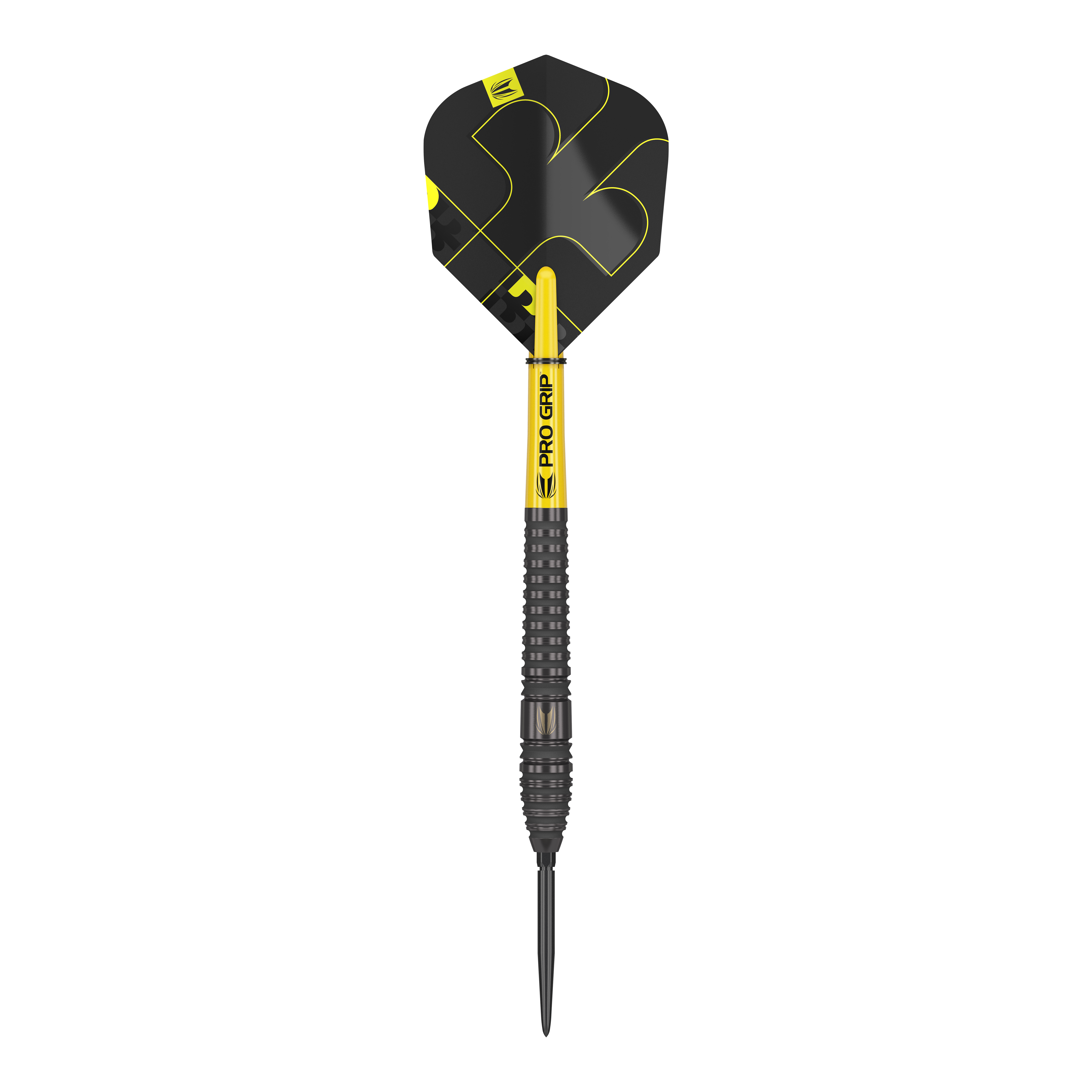 Stalowe lotki Target Bolide Void 03 Swiss Point Auf dem Bild ist ein Target Bolide Void 03 Swiss Point Steeldart zu sehen. Der Dart ist schwarz mit gelben Akzenten und hat eine strukturierte Griffzone.