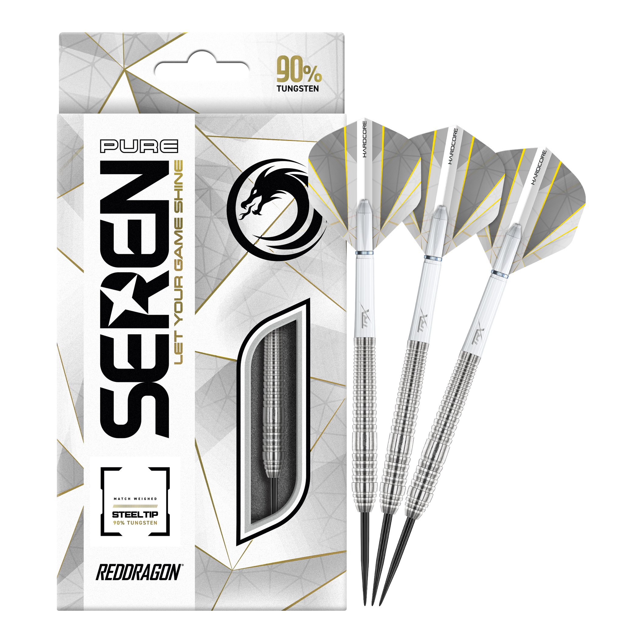 Red Dragon Seren 2 Czyste Steeldarts Das Bild zeigt das Produkt "Red Dragon Seren 2 Pure Steeldarts" mit einer eleganten Verpackung. Neben der Packung sind drei silberne Steeldarts abgebildet.