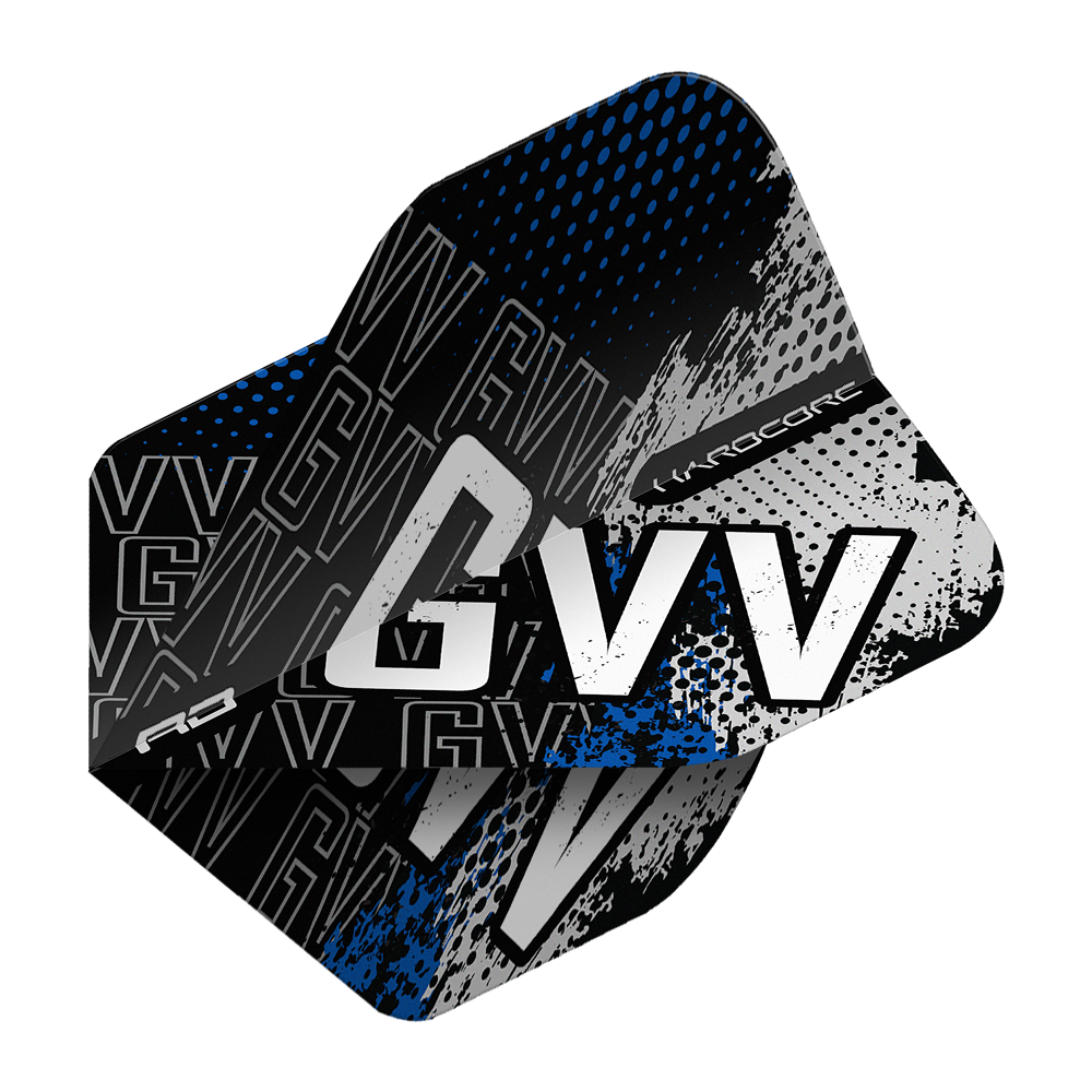 Das Bild zeigt ein Dart-Flight mit dem Aufdruck "GVV" in einem modernen, blauen und schwarzen Design. Es handelt sich um das Produkt "Red Dragon Hardcore Gian Van Veen Blue Premium No2 Standard Flights".