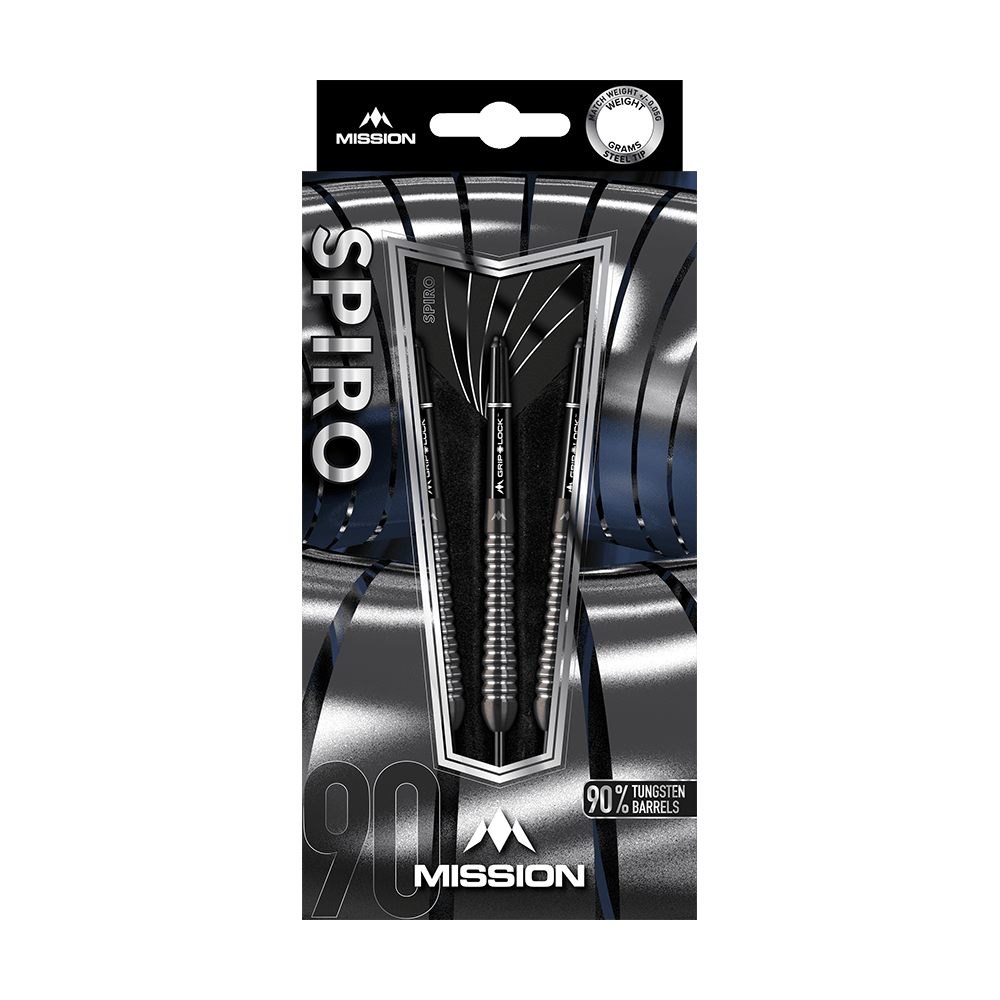 Das Bild zeigt eine Verpackung der Mission Spiro Model 2 Steeldarts mit einem Gewicht von 22 Gramm. Die Pfeile bestehen zu 90 % aus Tungsten und sind elegant in einer silber-schwarzen Box präsentiert.