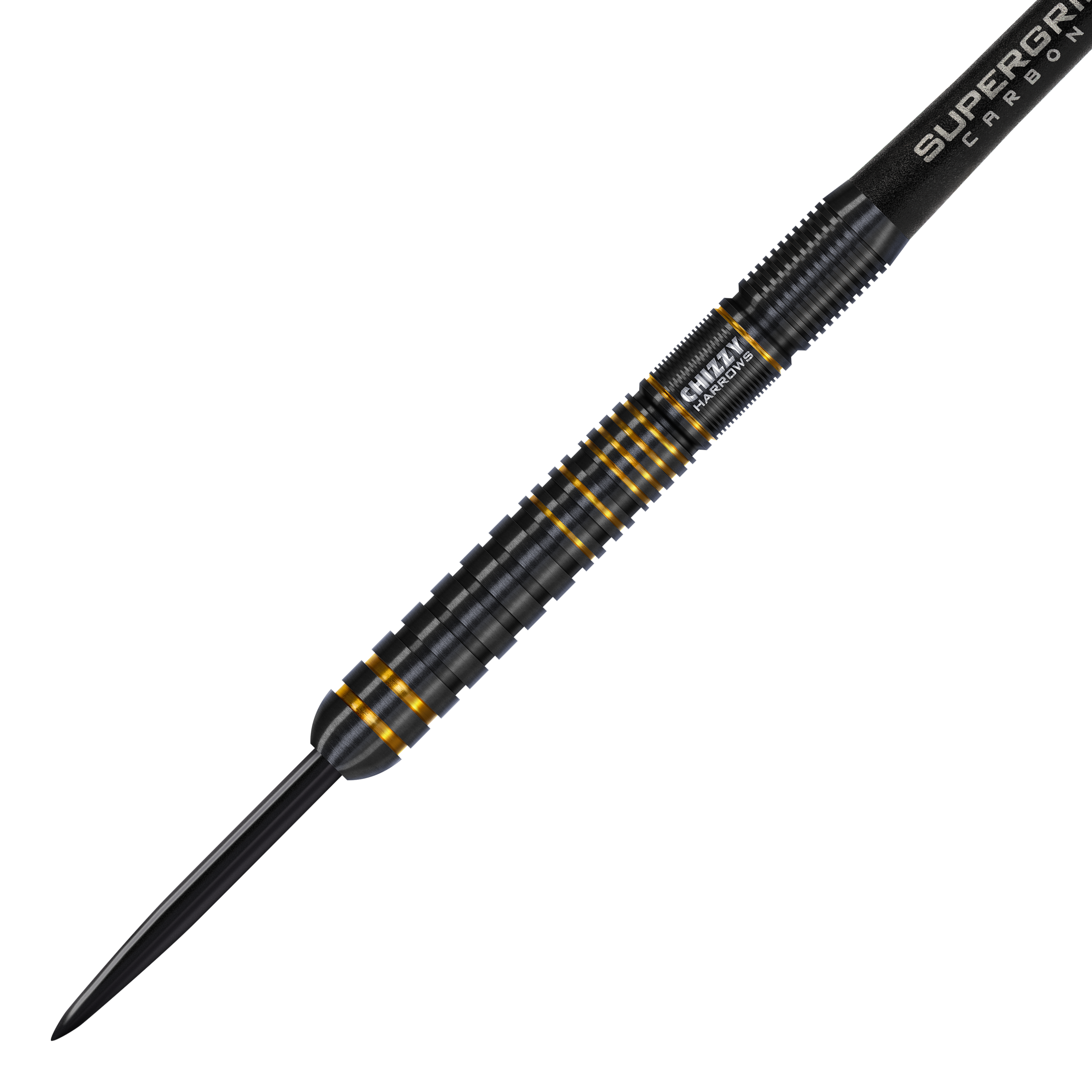 Stalowe lotki Harrow's Dave Chisnall Chizzy Series 3 Das Bild zeigt den Harrows Dave Chisnall Chizzy Series 3 Steeldart. Der Dart ist schwarz mit goldenen Akzenten und hat eine geriffelte Oberfläche für besseren Halt.