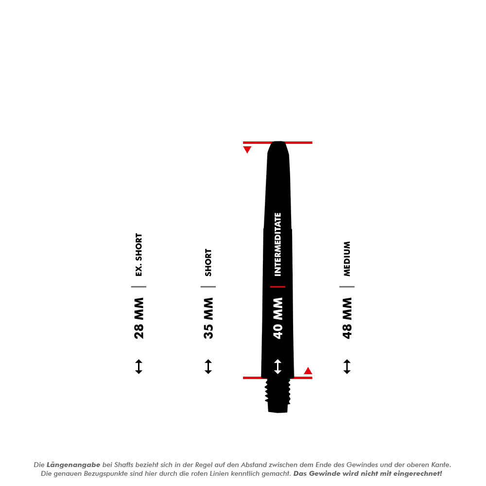 MD-600_Nylon_Shafts_mit_Wunschdruck_5_40mm Das Bild zeigt vier verschiedene Längen von Nylon Shafts für Darts, von 28 mm bis 48 mm. Die Längenangaben beziehen sich auf den Abstand zwischen dem Ende des Gewindes und der oberen Kante, wobei das Gewinde nicht mitgerechnet wird.