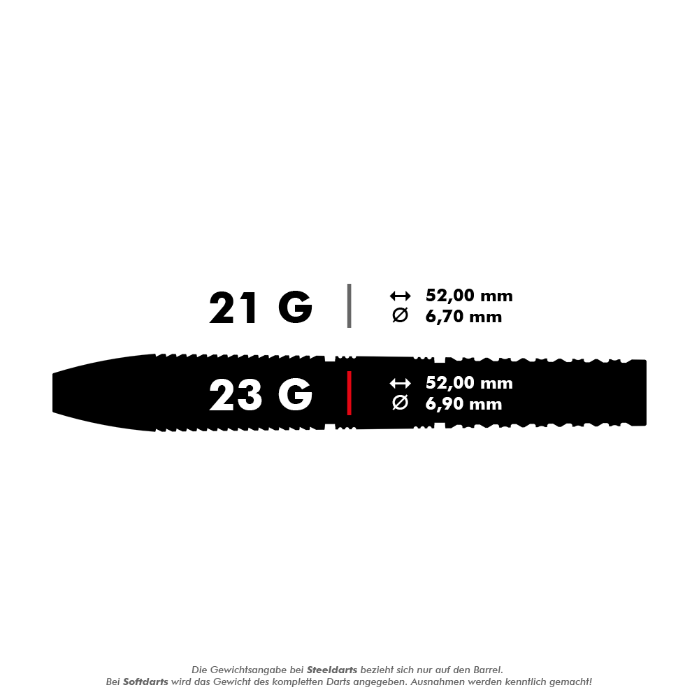 Stalowe lotki Target Gabriel Clemens GEN2 Swiss Point Das Bild zeigt die Spezifikationen von zwei Steeldarts mit 21 Gramm und 23 Gramm Gewicht. Beide Darts sind 52,00 mm lang, aber der Durchmesser beträgt 6,70 mm bzw. 6,90 mm.